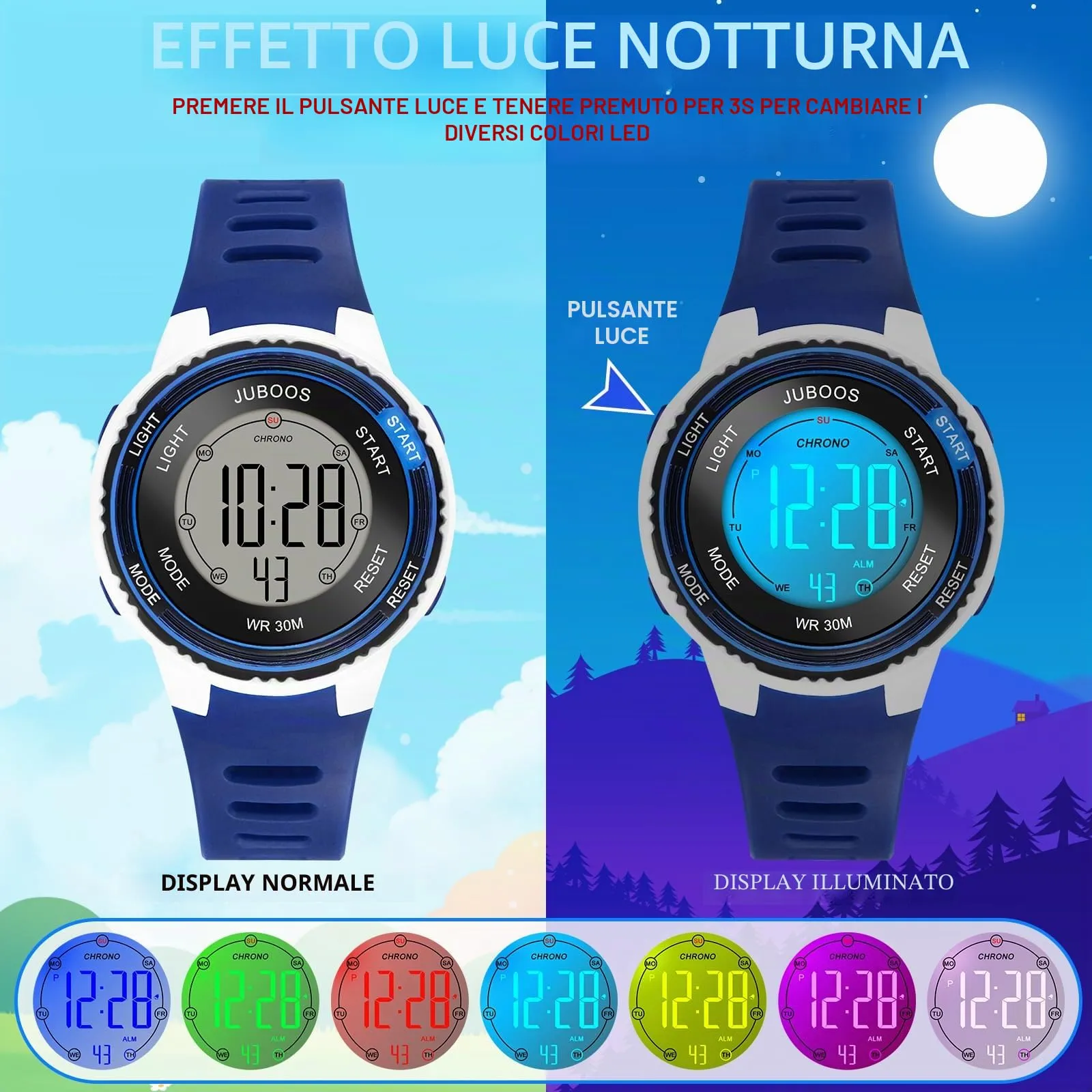 Juboos Orologio Digitale Impermeabile per Bambini con Orecchie da Gatto e 7 Luci Colorate, Blu Scuro - immagine 6