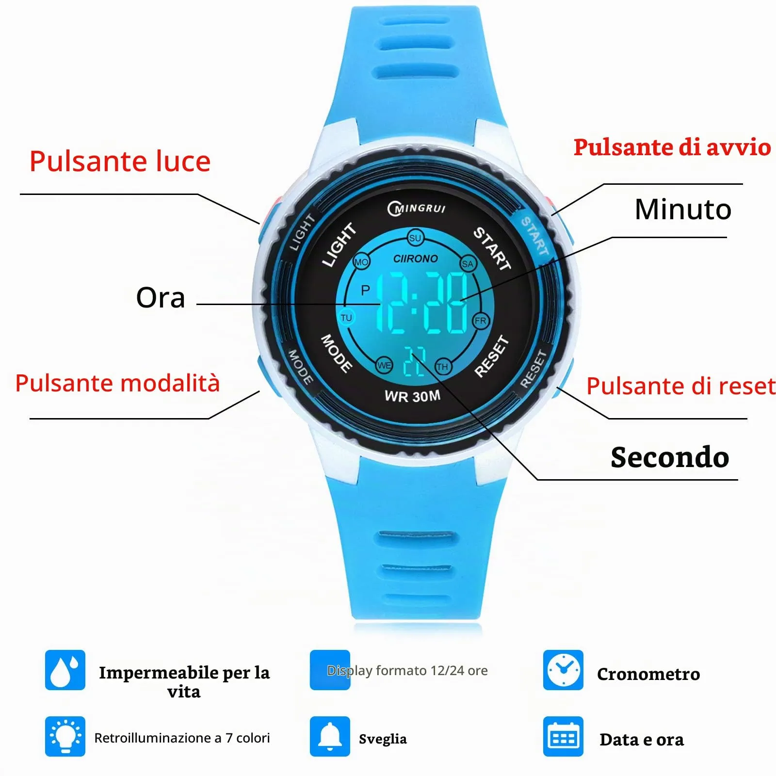 Juboos Orologio Digitale Impermeabile per Bambini con Orecchie da Gatto, Cinturino Stampato e 7 Luci Colorate, 4-12 Anni - immagine 4