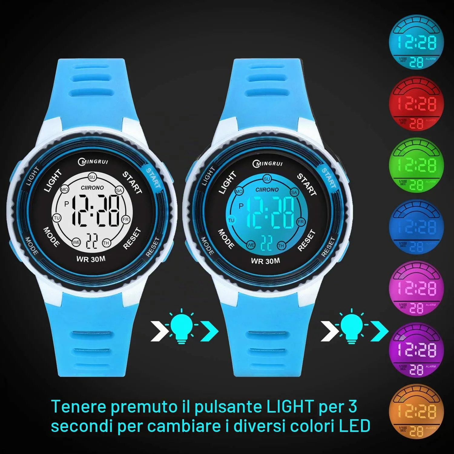 Juboos Orologio Digitale Impermeabile per Bambini con Orecchie da Gatto, Cinturino Stampato e 7 Luci Colorate, 4-12 Anni - immagine 5
