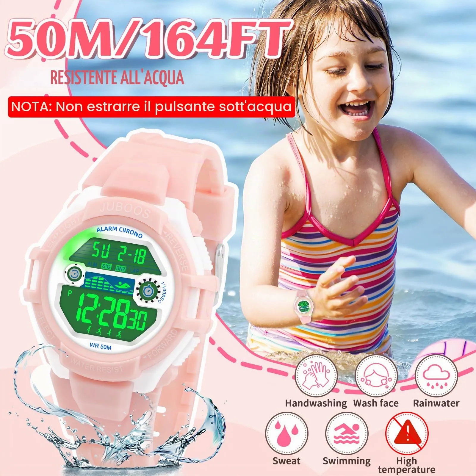 Juboos Orologio Digitale Impermeabile per Bambini, Forma di Gatto con Luci Colorate e Cinturino Stampato, 4-12 Anni - immagine 2