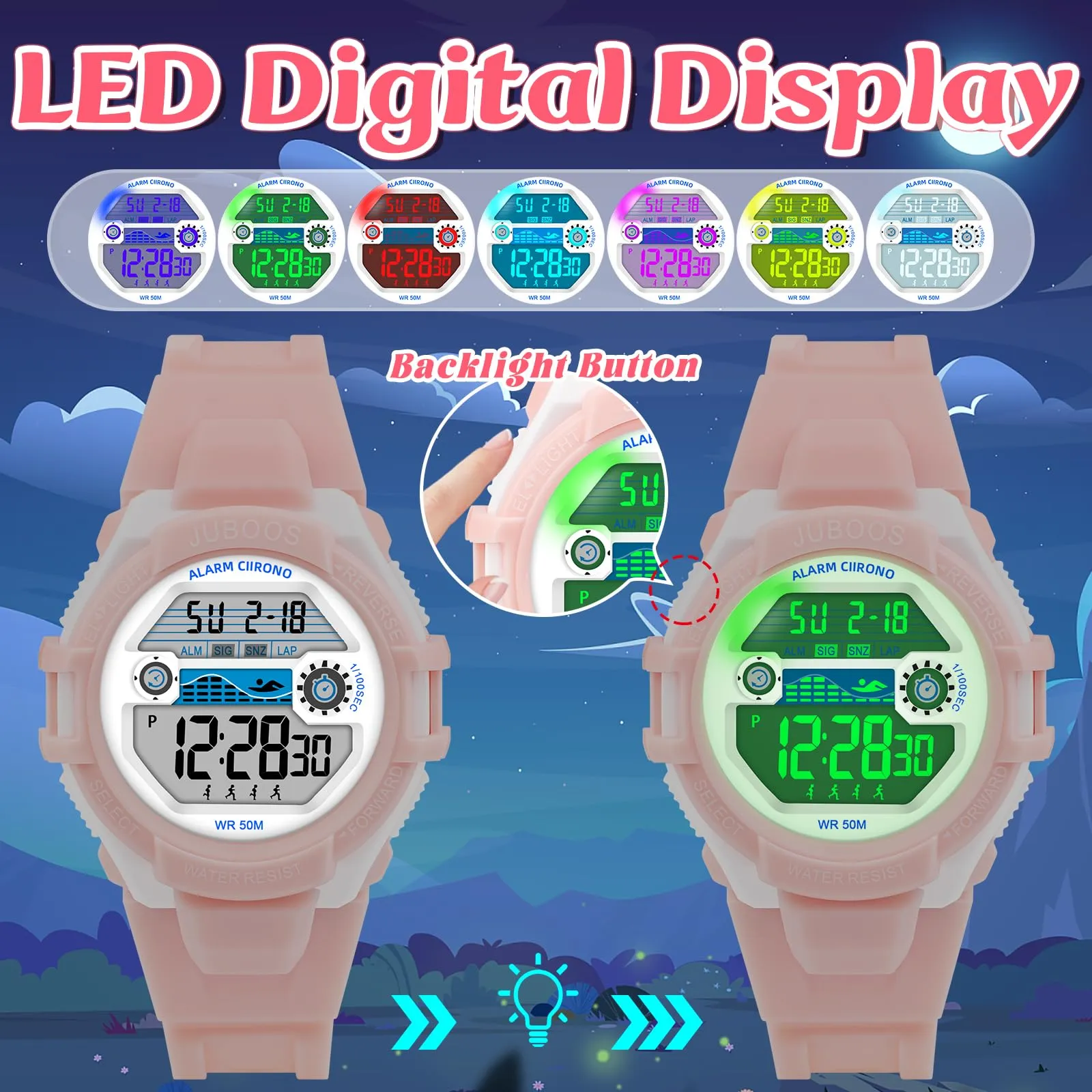 Juboos Orologio Digitale Impermeabile per Bambini, Forma di Gatto con Luci Colorate e Cinturino Stampato, 4-12 Anni - immagine 4