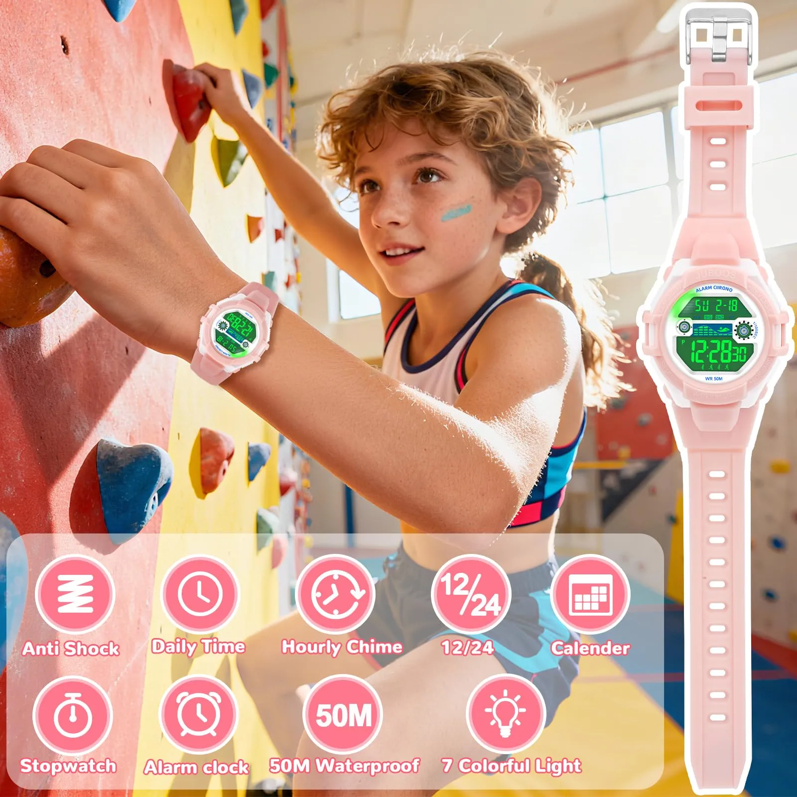 Juboos Orologio Digitale Impermeabile per Bambini, Forma di Gatto con Luci Colorate e Cinturino Stampato, 4-12 Anni - immagine 5