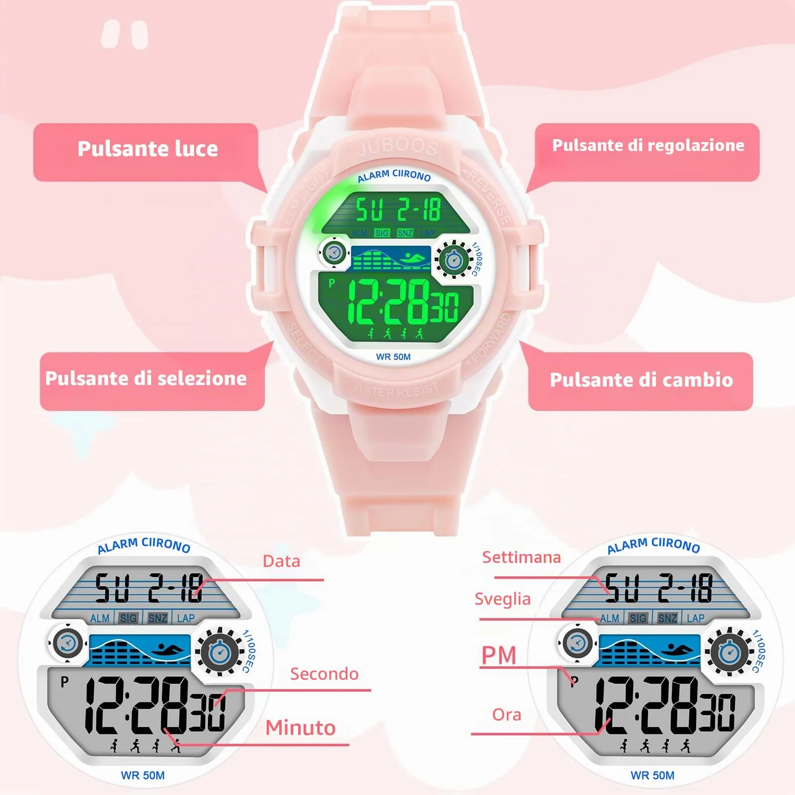 Juboos Orologio Digitale Impermeabile per Bambini, Forma di Gatto con Luci Colorate e Cinturino Stampato, 4-12 Anni - immagine 6