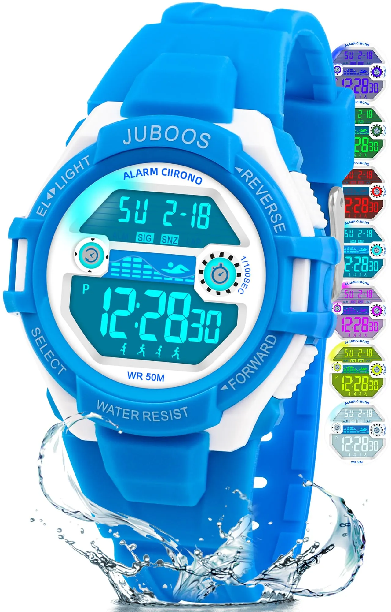 Juboos Orologio Digitale Impermeabile per Bambini con Orecchie da Gatto, Luci Colorate e Cinturino Stampato (Bianco Blu) - immagine 1