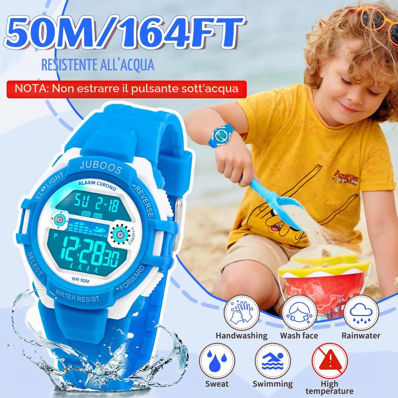 Juboos Orologio Digitale Impermeabile per Bambini con Orecchie da Gatto, Luci Colorate e Cinturino Stampato (Bianco Blu) - immagine 2