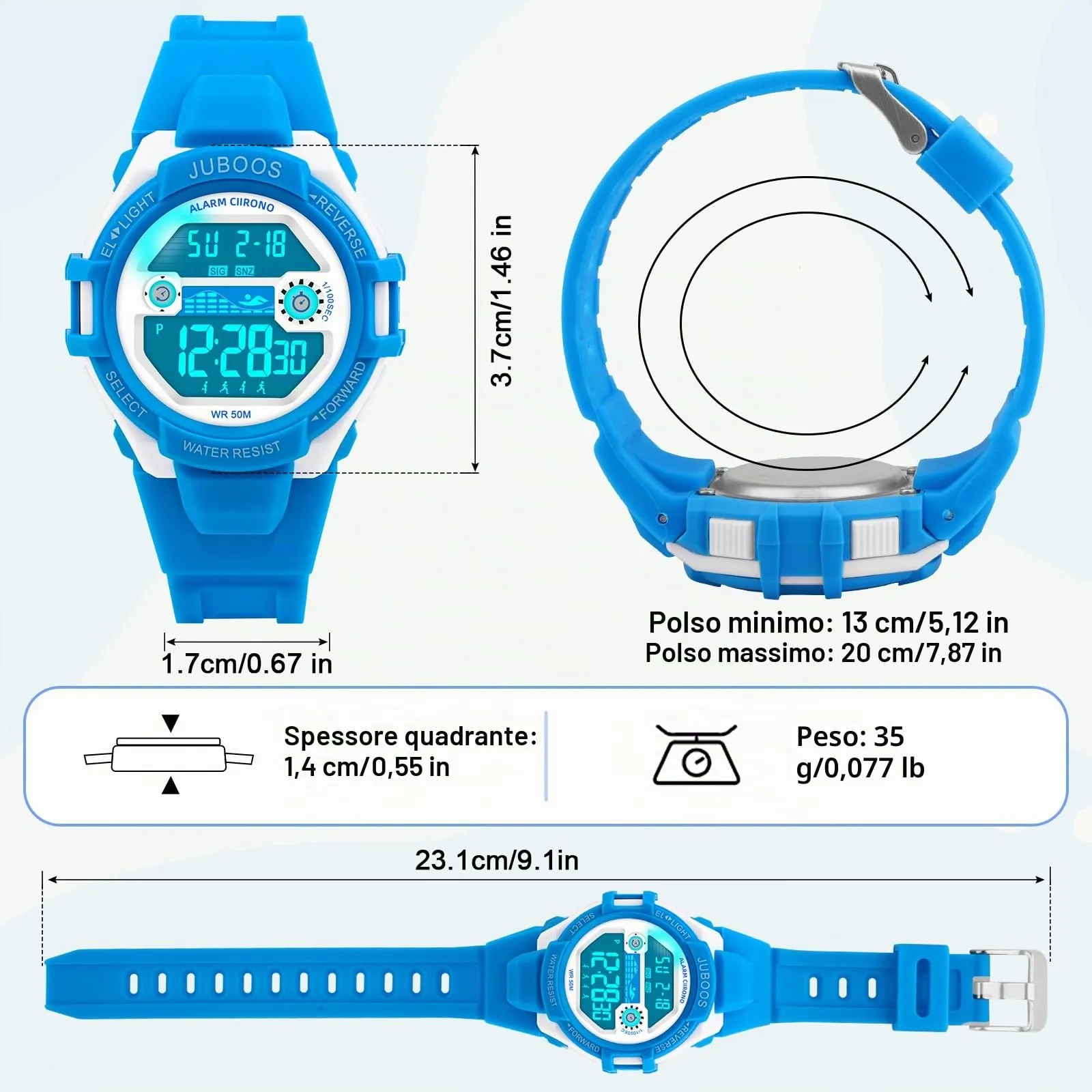 Juboos Orologio Digitale Impermeabile per Bambini con Orecchie da Gatto, Luci Colorate e Cinturino Stampato (Bianco Blu) - immagine 3