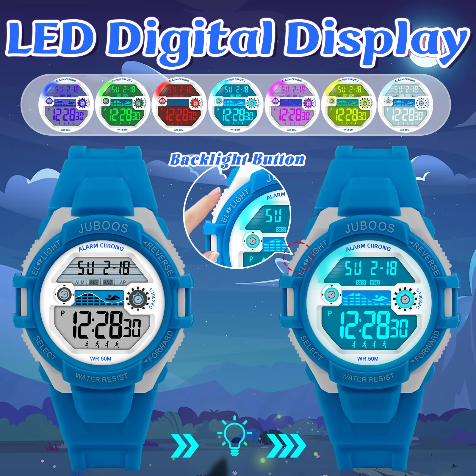 Juboos Orologio Digitale Impermeabile per Bambini con Orecchie da Gatto, Luci Colorate e Cinturino Stampato (Bianco Blu) - immagine 4