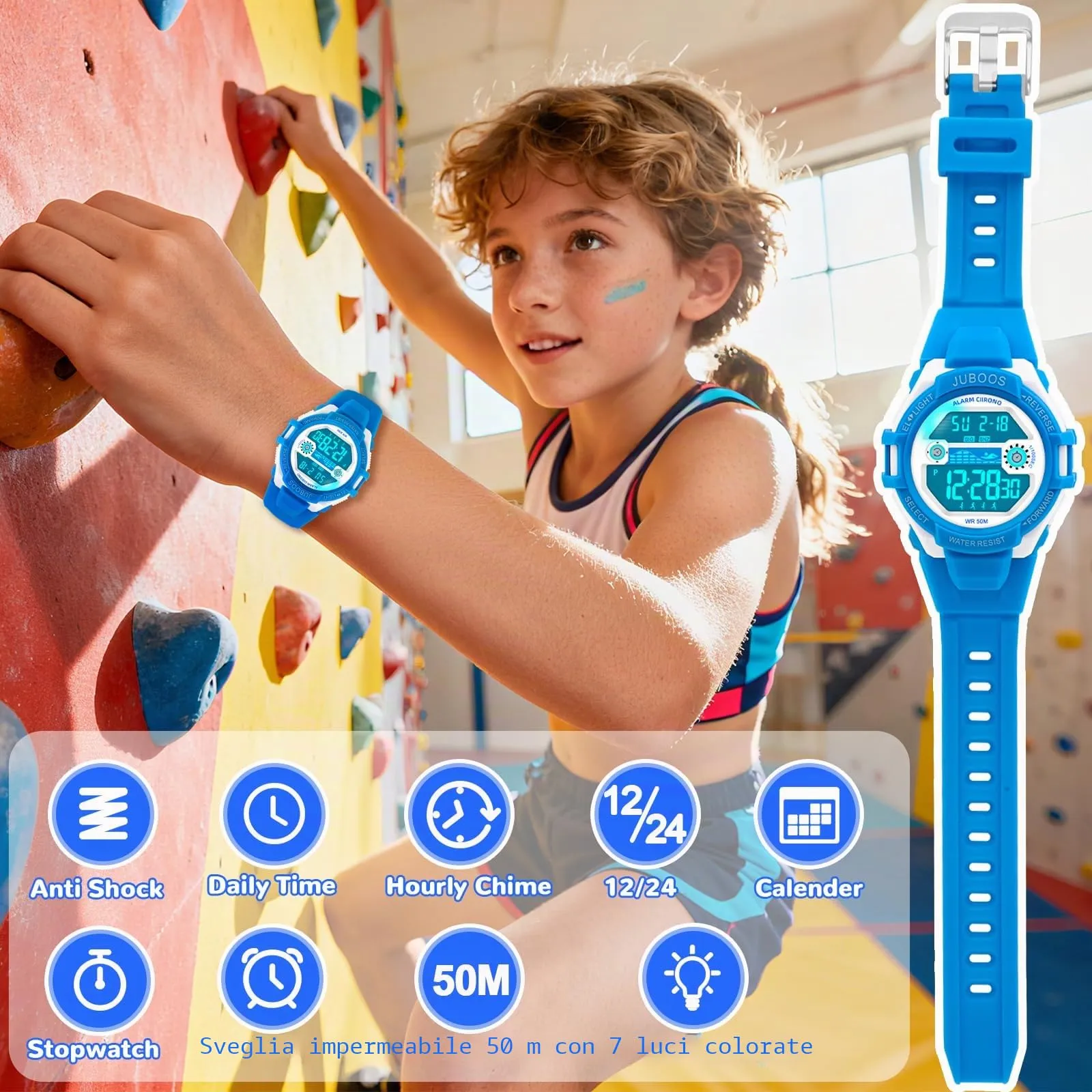 Juboos Orologio Digitale Impermeabile per Bambini con Orecchie da Gatto, Luci Colorate e Cinturino Stampato (Bianco Blu) - immagine 5