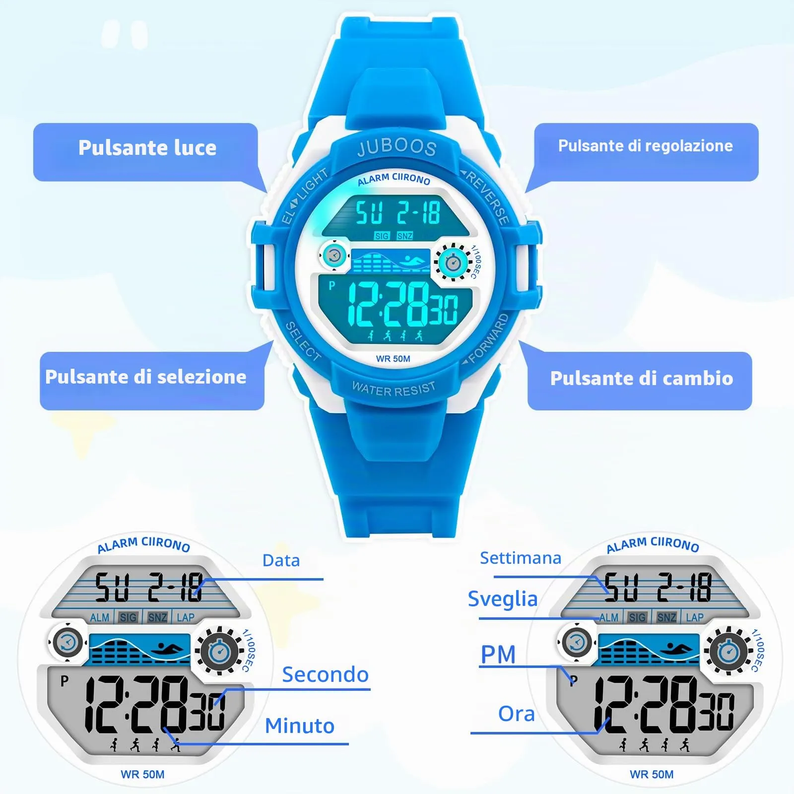 Juboos Orologio Digitale Impermeabile per Bambini con Orecchie da Gatto, Luci Colorate e Cinturino Stampato (Bianco Blu) - immagine 6