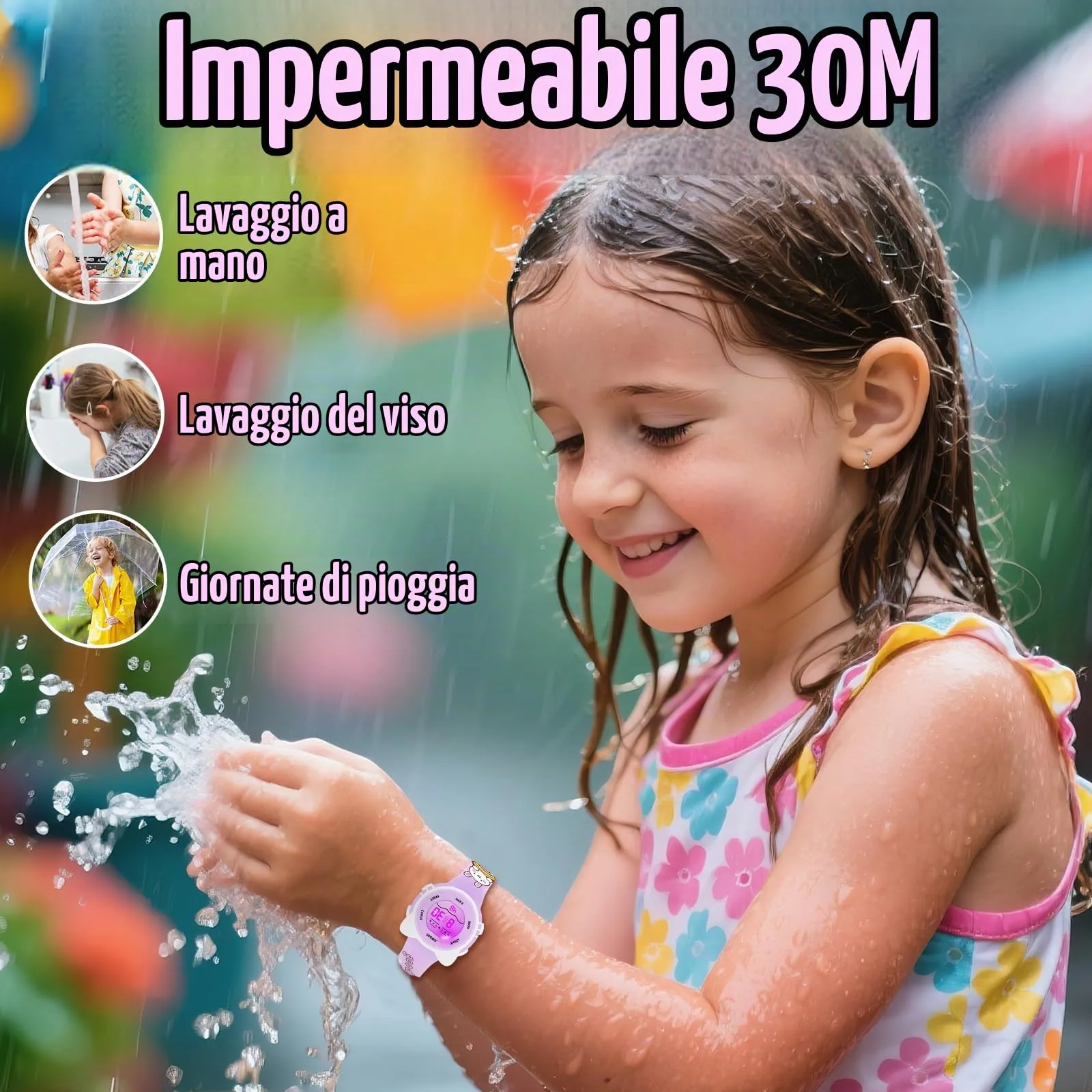 Juboos Orologio Digitale Impermeabile per Bambini con Orecchie da Gatto, Cinturino Stampato e 7 Luci Colorate, 4-12 Anni (Violetta chiara) - immagine 2