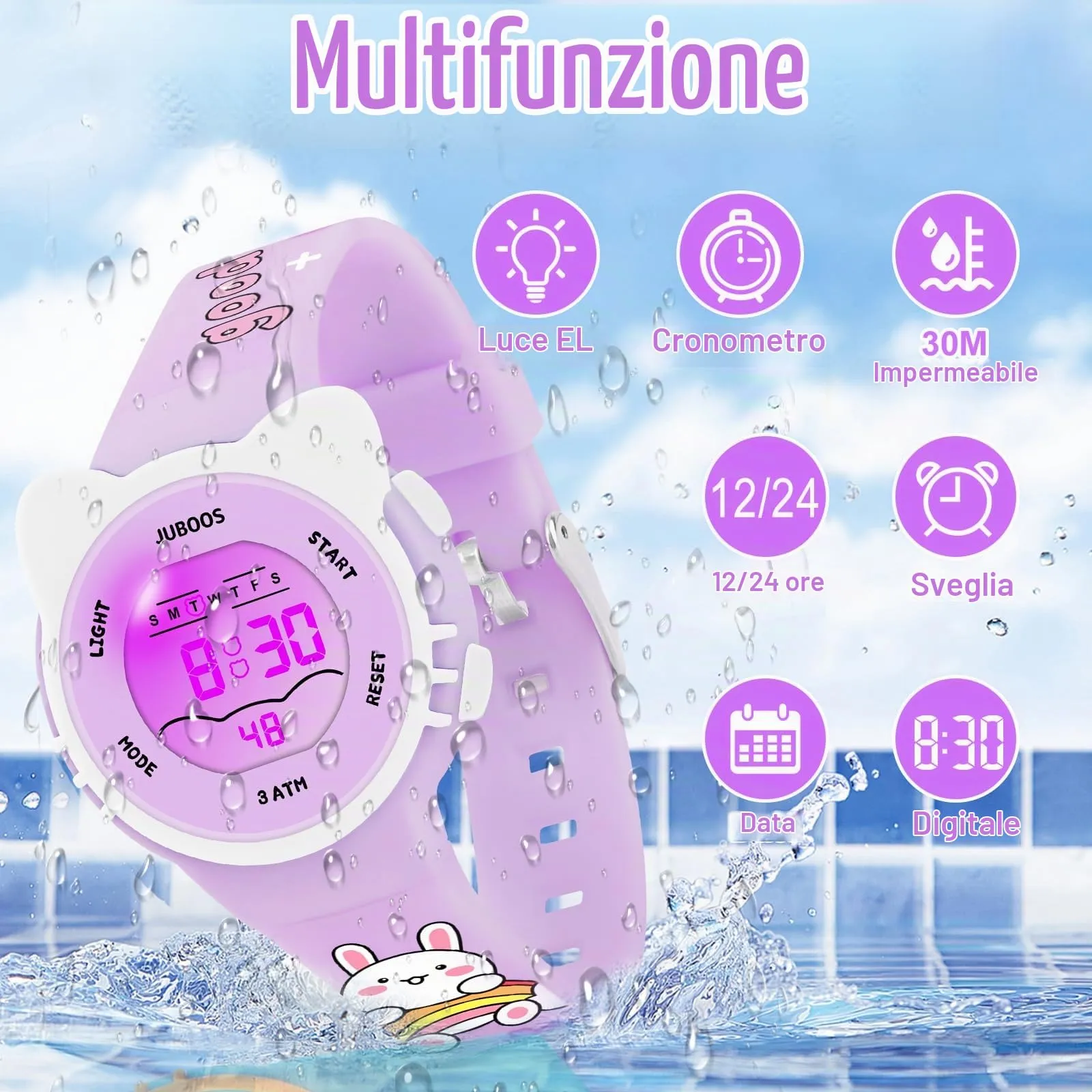 Juboos Orologio Digitale Impermeabile per Bambini con Orecchie da Gatto, Cinturino Stampato e 7 Luci Colorate, 4-12 Anni (Violetta chiara) - immagine 3