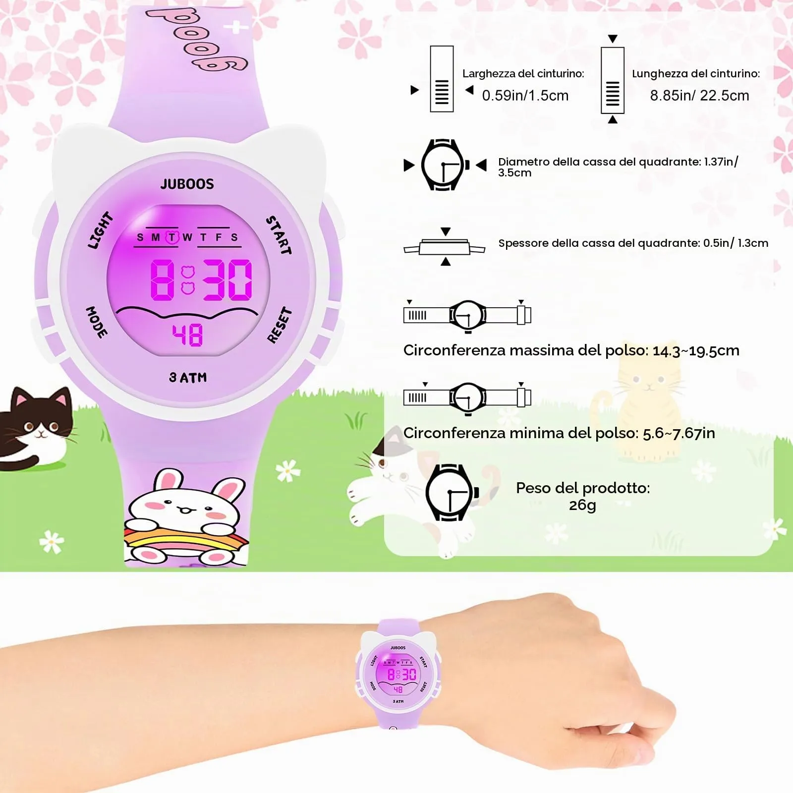 Juboos Orologio Digitale Impermeabile per Bambini con Orecchie da Gatto, Cinturino Stampato e 7 Luci Colorate, 4-12 Anni (Violetta chiara) - immagine 4