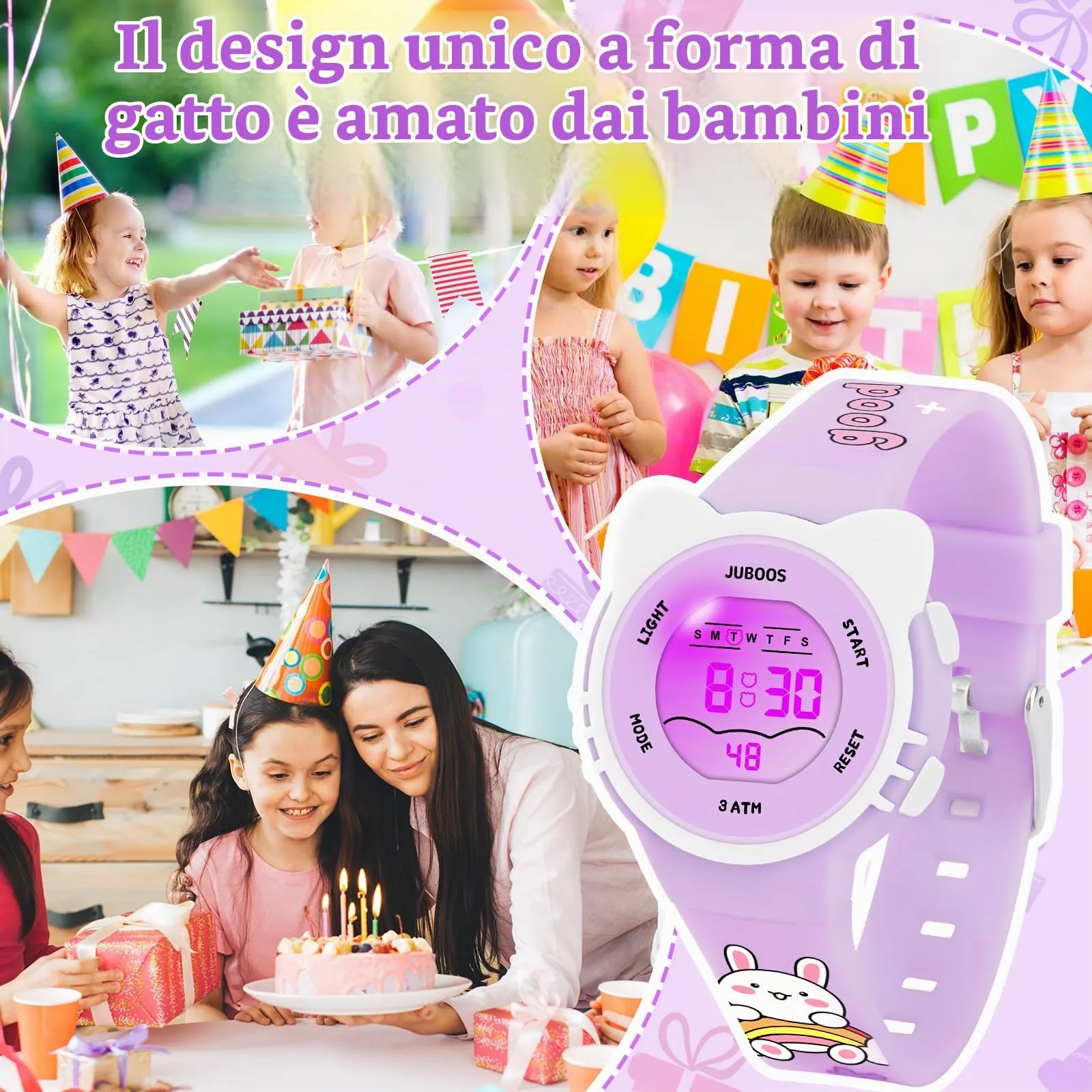Juboos Orologio Digitale Impermeabile per Bambini con Orecchie da Gatto, Cinturino Stampato e 7 Luci Colorate, 4-12 Anni (Violetta chiara) - immagine 5
