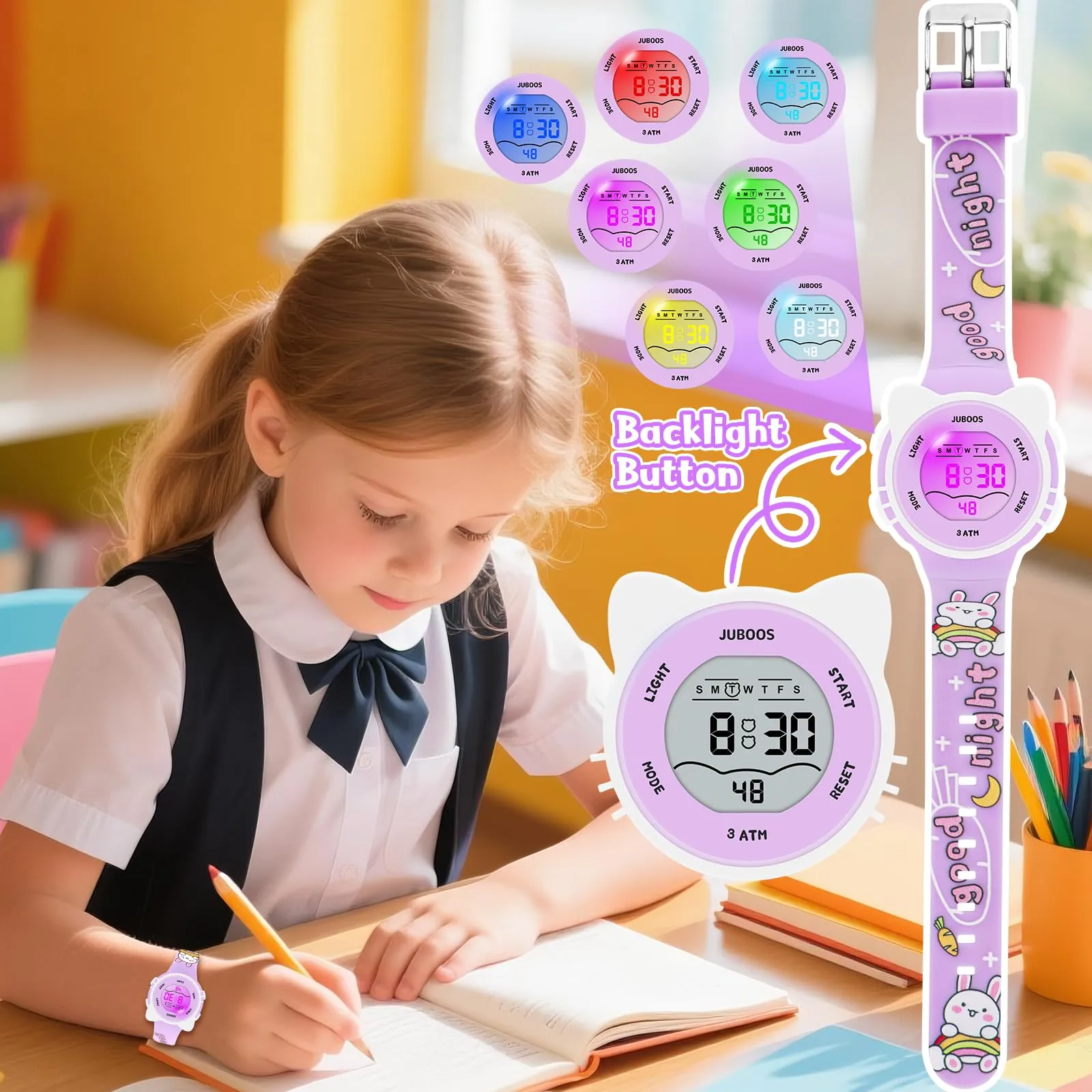 Juboos Orologio Digitale Impermeabile per Bambini con Orecchie da Gatto, Cinturino Stampato e 7 Luci Colorate, 4-12 Anni (Violetta chiara) - immagine 6