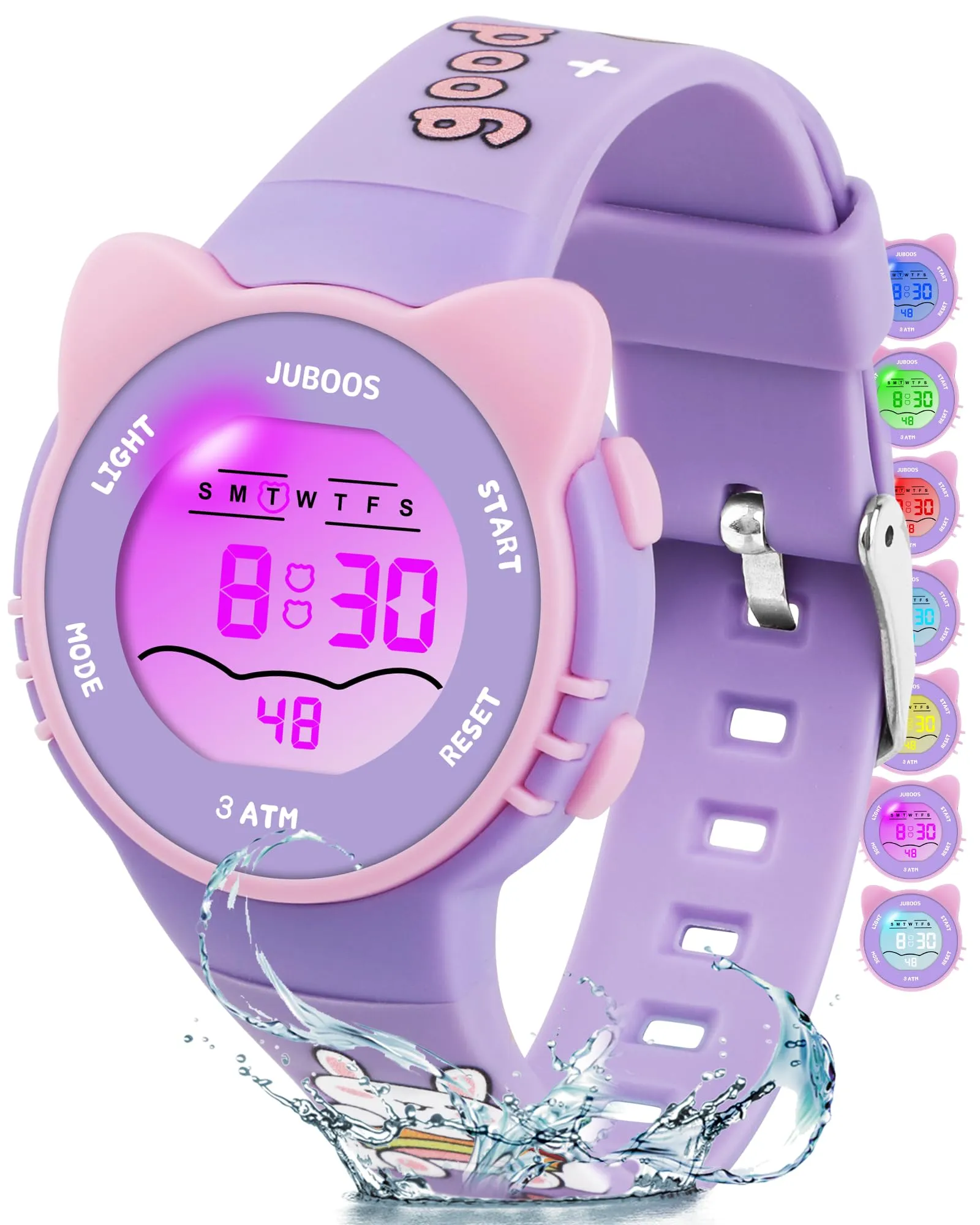 Juboos Orologio Digitale Impermeabile per Bambini con Orecchie da Gatto, Cinturino Stampato e 7 Luci Colorate, 4-12 Anni (Violetta) - immagine 1