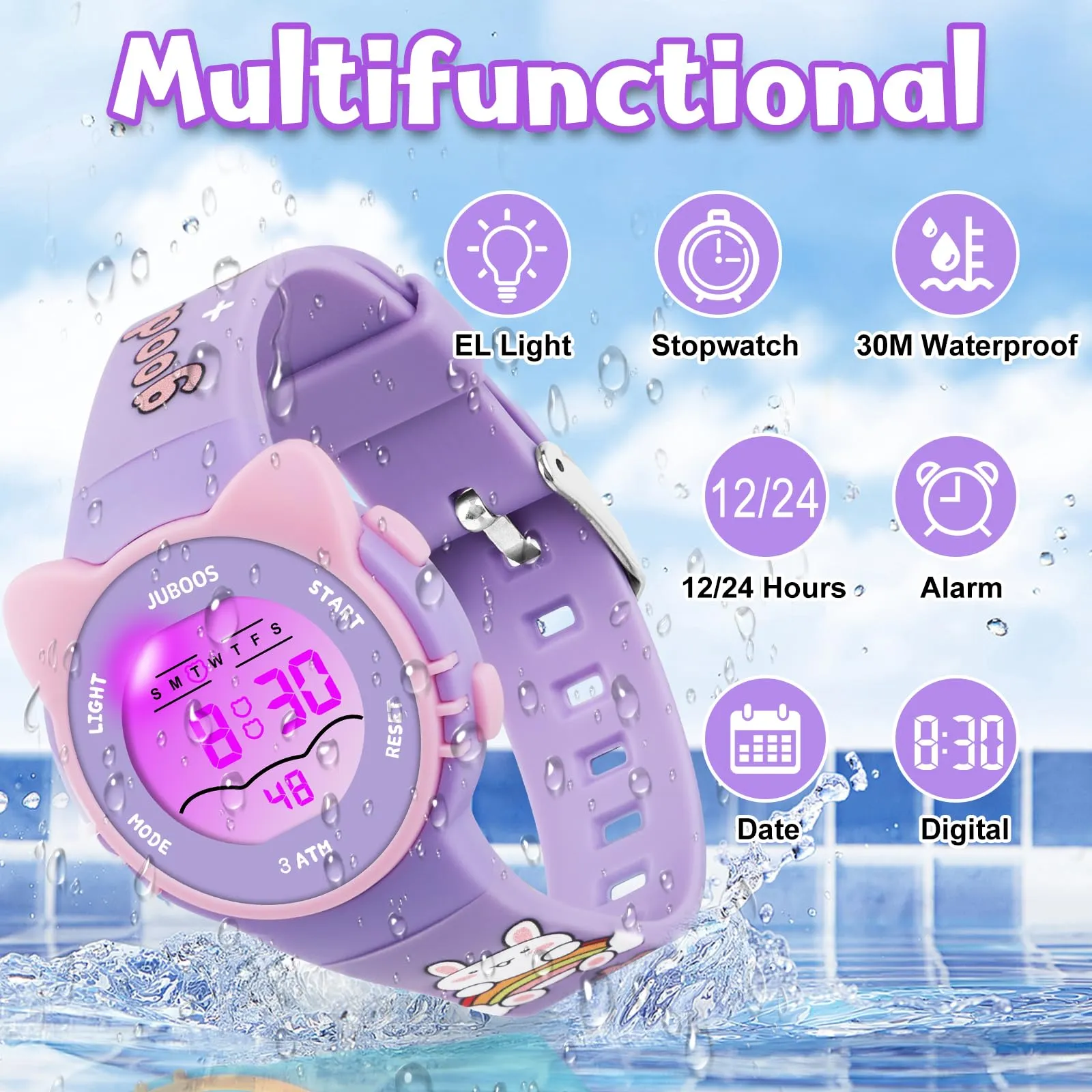 Juboos Orologio Digitale Impermeabile per Bambini con Orecchie da Gatto, Cinturino Stampato e 7 Luci Colorate, 4-12 Anni (Violetta) - immagine 2
