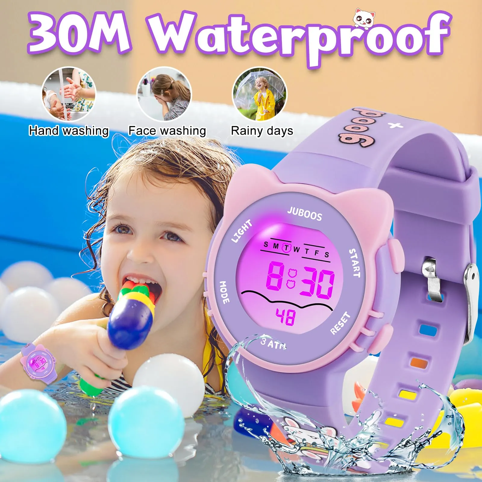 Juboos Orologio Digitale Impermeabile per Bambini con Orecchie da Gatto, Cinturino Stampato e 7 Luci Colorate, 4-12 Anni (Violetta) - immagine 3