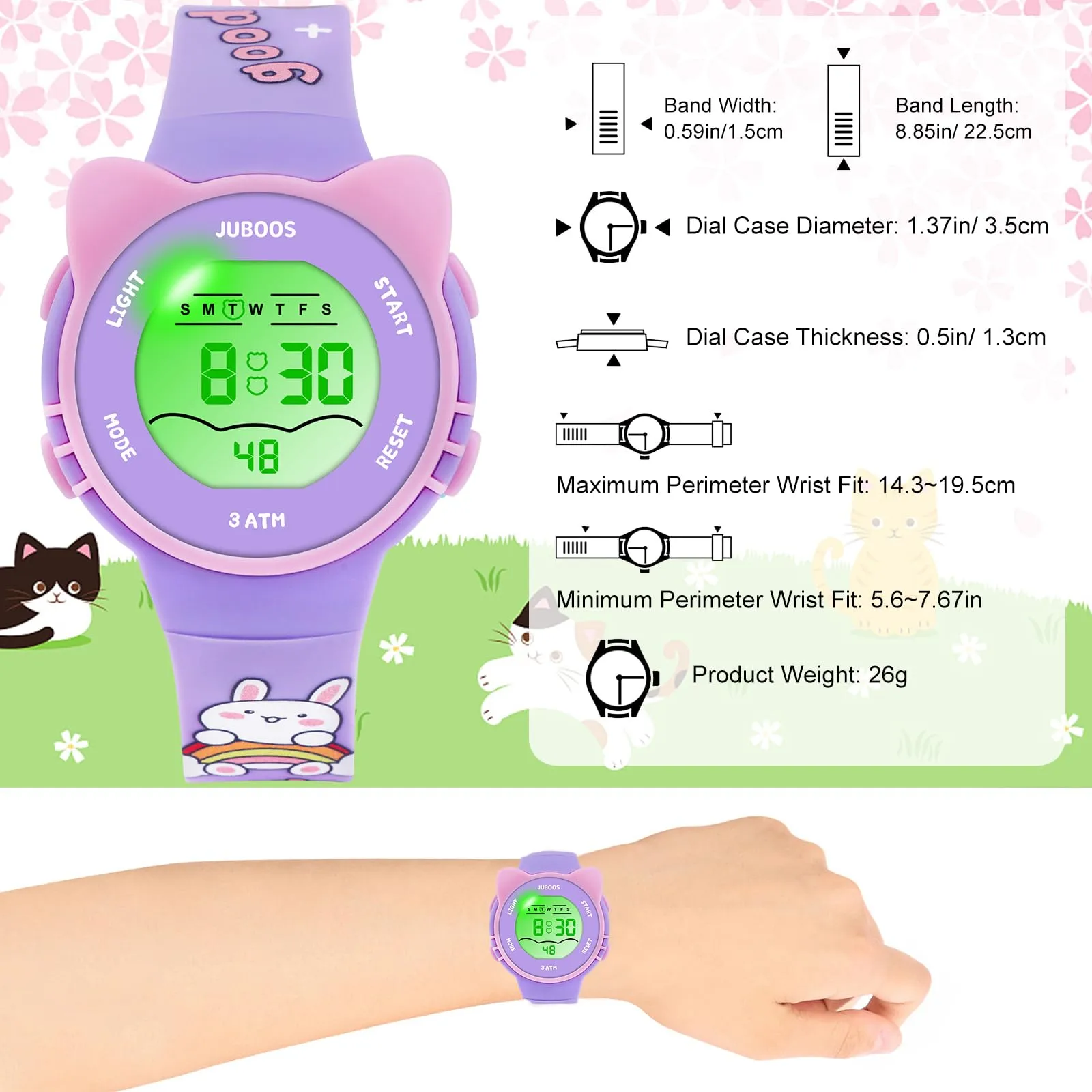 Juboos Orologio Digitale Impermeabile per Bambini con Orecchie da Gatto, Cinturino Stampato e 7 Luci Colorate, 4-12 Anni (Violetta) - immagine 4