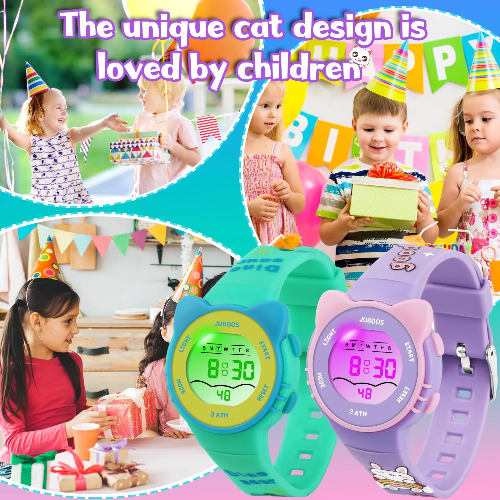 Juboos Orologio Digitale Impermeabile per Bambini con Orecchie da Gatto, Cinturino Stampato e 7 Luci Colorate, 4-12 Anni (Violetta) - immagine 5