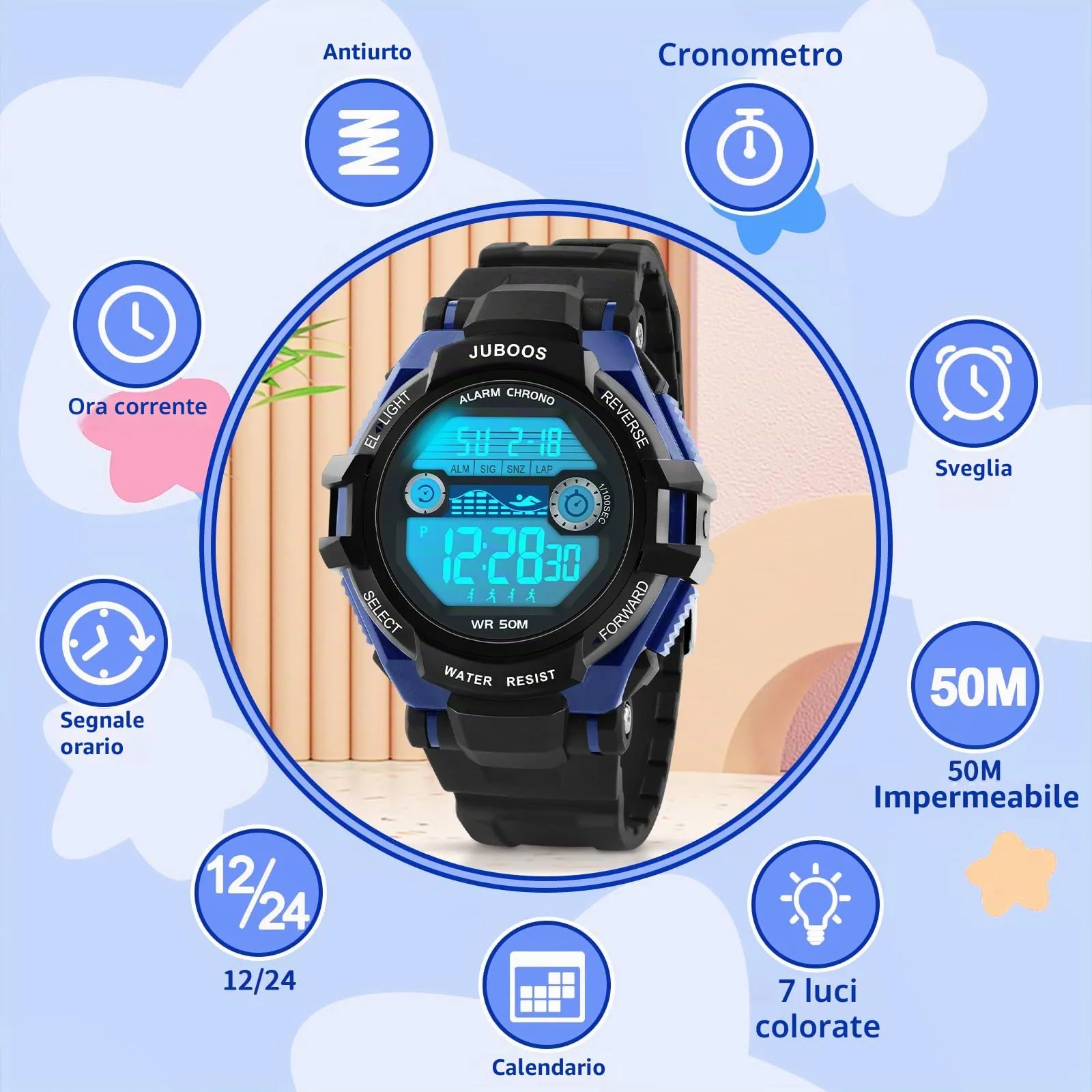 Juboos Orologio Digitale Impermeabile per Bambini, Cinturino Stampato, 7 Luci Colorate, Design Orecchie da Gatto - immagine 2