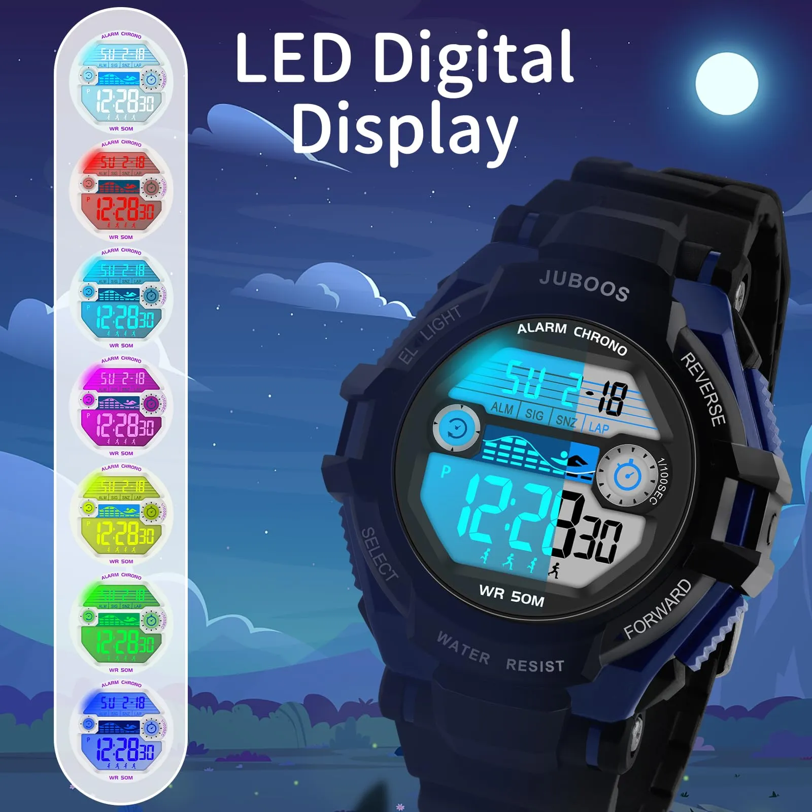 Juboos Orologio Digitale Impermeabile per Bambini, Cinturino Stampato, 7 Luci Colorate, Design Orecchie da Gatto - immagine 4