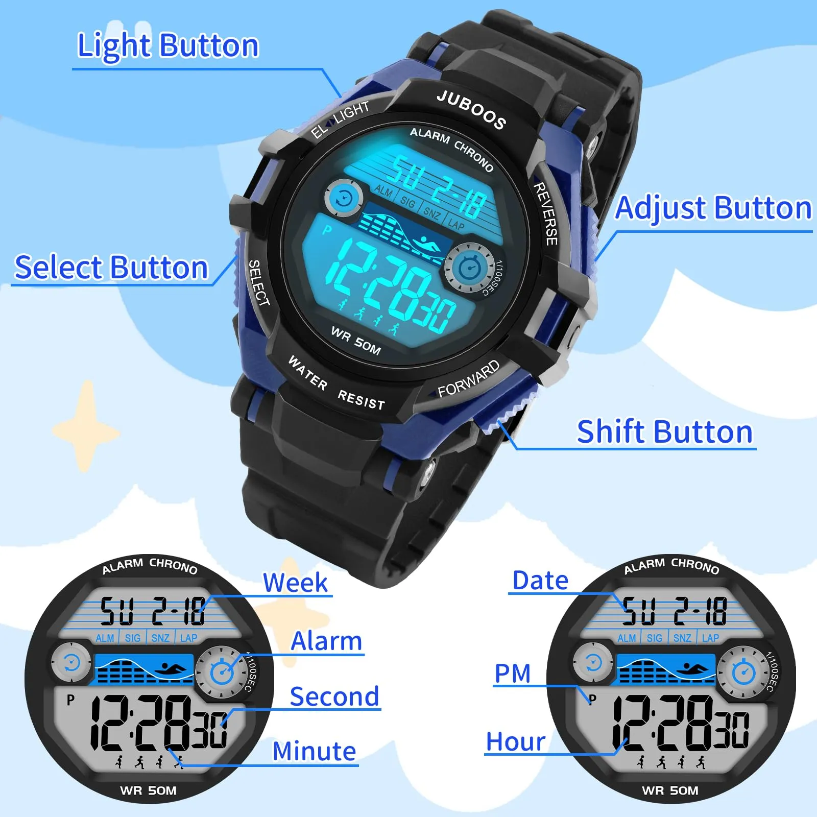 Juboos Orologio Digitale Impermeabile per Bambini, Cinturino Stampato, 7 Luci Colorate, Design Orecchie da Gatto - immagine 5