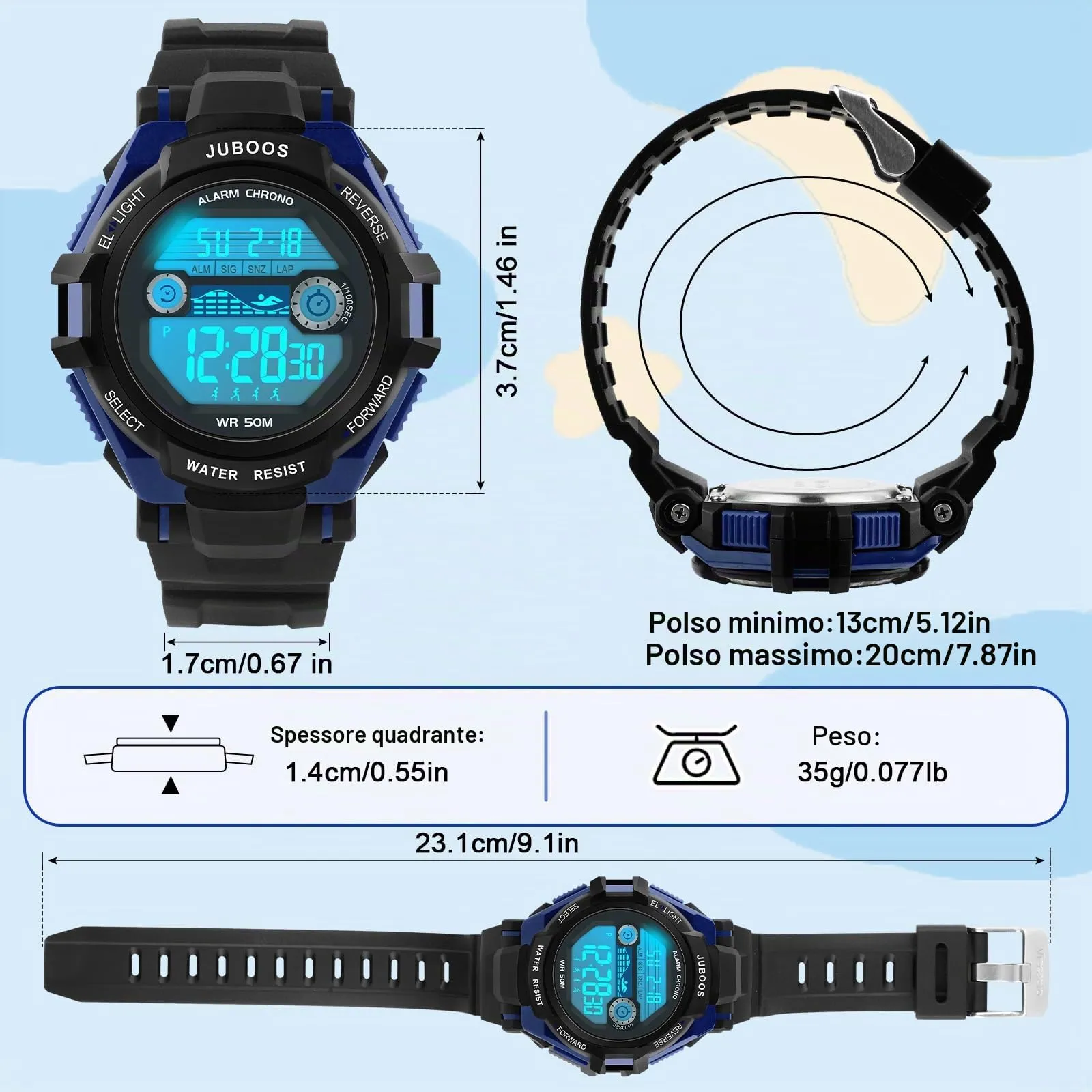 Juboos Orologio Digitale Impermeabile per Bambini, Cinturino Stampato, 7 Luci Colorate, Design Orecchie da Gatto - immagine 6