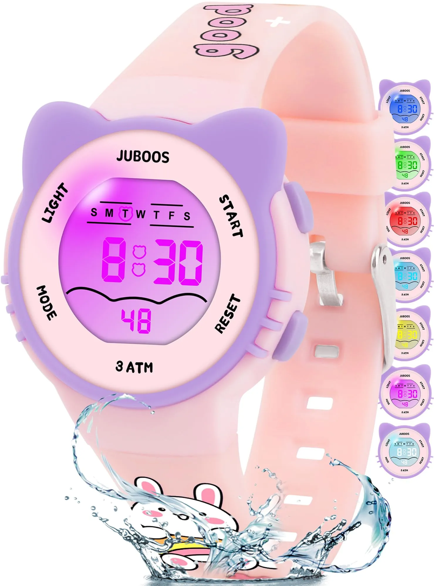 Juboos Orologio Digitale Impermeabile per Bambini a Forma di Gatto con Luci Colorate, Rosa - immagine 1