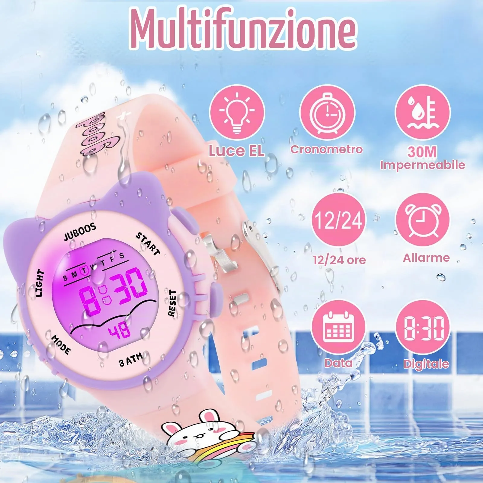 Juboos Orologio Digitale Impermeabile per Bambini a Forma di Gatto con Luci Colorate, Rosa - immagine 3