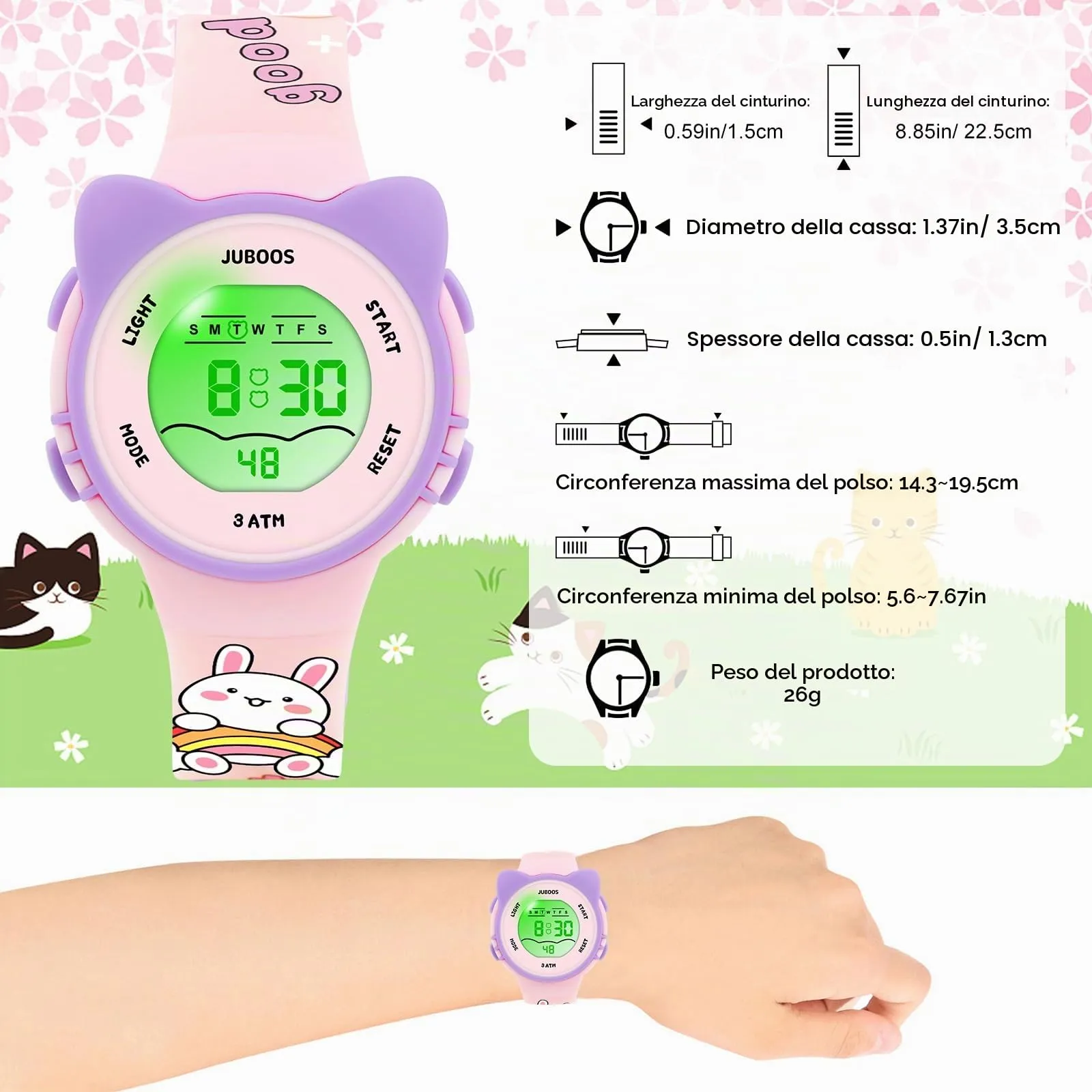 Juboos Orologio Digitale Impermeabile per Bambini a Forma di Gatto con Luci Colorate, Rosa - immagine 4