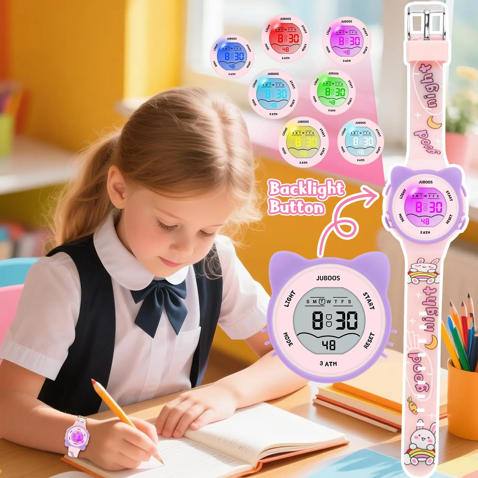 Juboos Orologio Digitale Impermeabile per Bambini a Forma di Gatto con Luci Colorate, Rosa - immagine 5