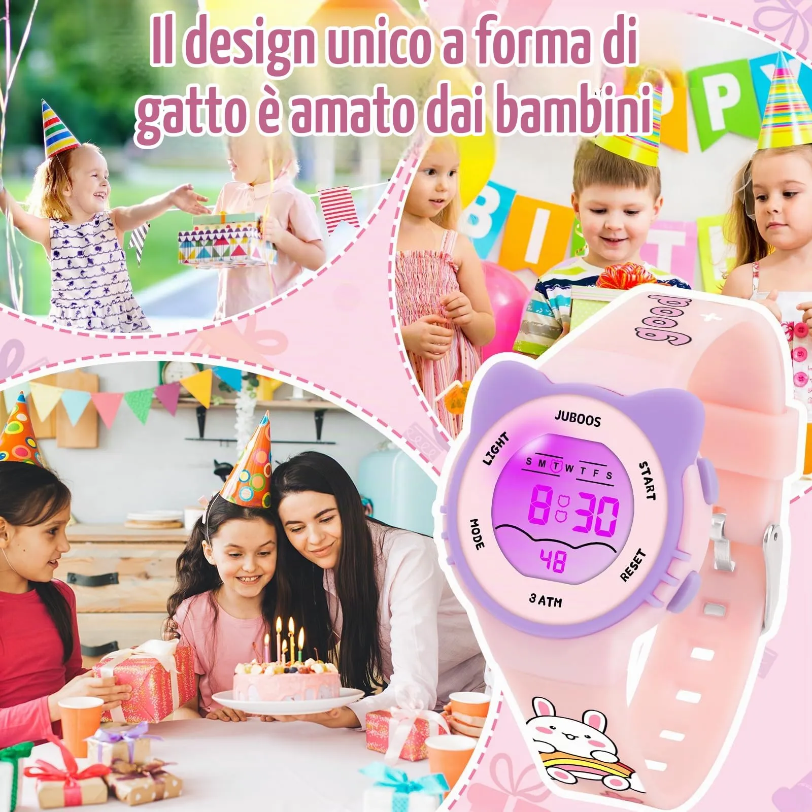 Juboos Orologio Digitale Impermeabile per Bambini a Forma di Gatto con Luci Colorate, Rosa - immagine 6