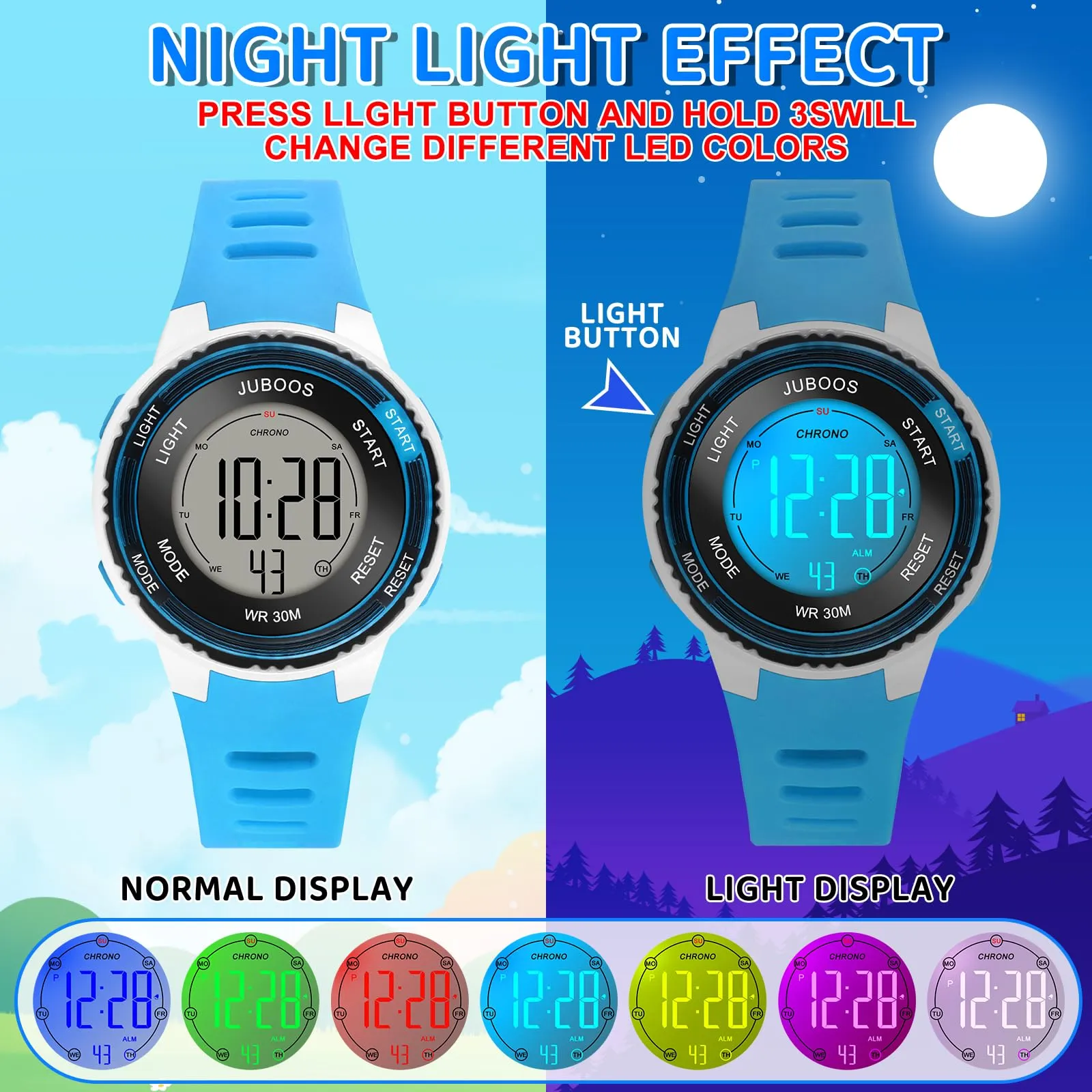 Juboos Orologio Digitale Impermeabile per Bambini con Orecchie da Gatto e 7 Luci Colorate, 4-12 Anni - immagine 4
