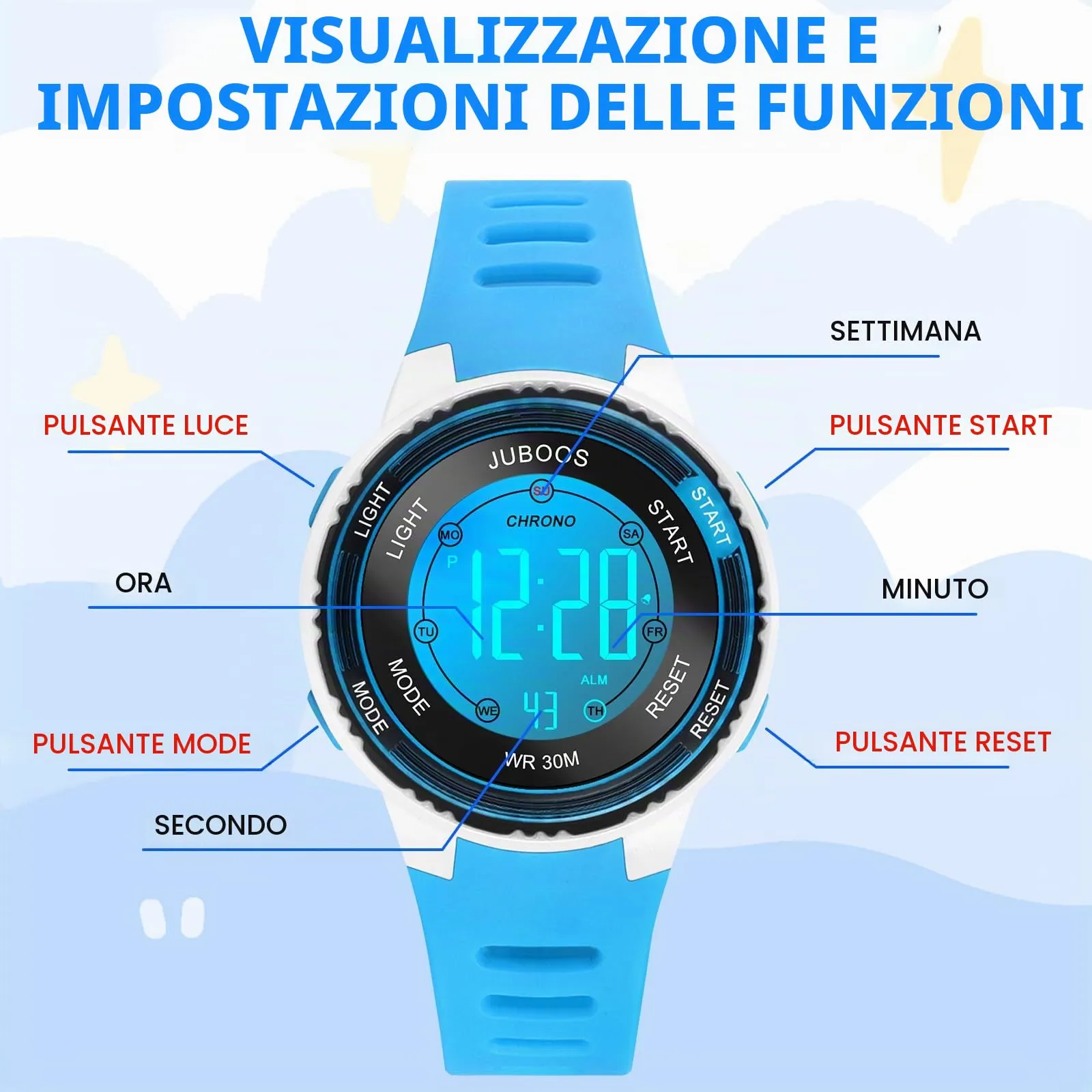Juboos Orologio Digitale Impermeabile per Bambini con Orecchie da Gatto e 7 Luci Colorate, 4-12 Anni - immagine 6