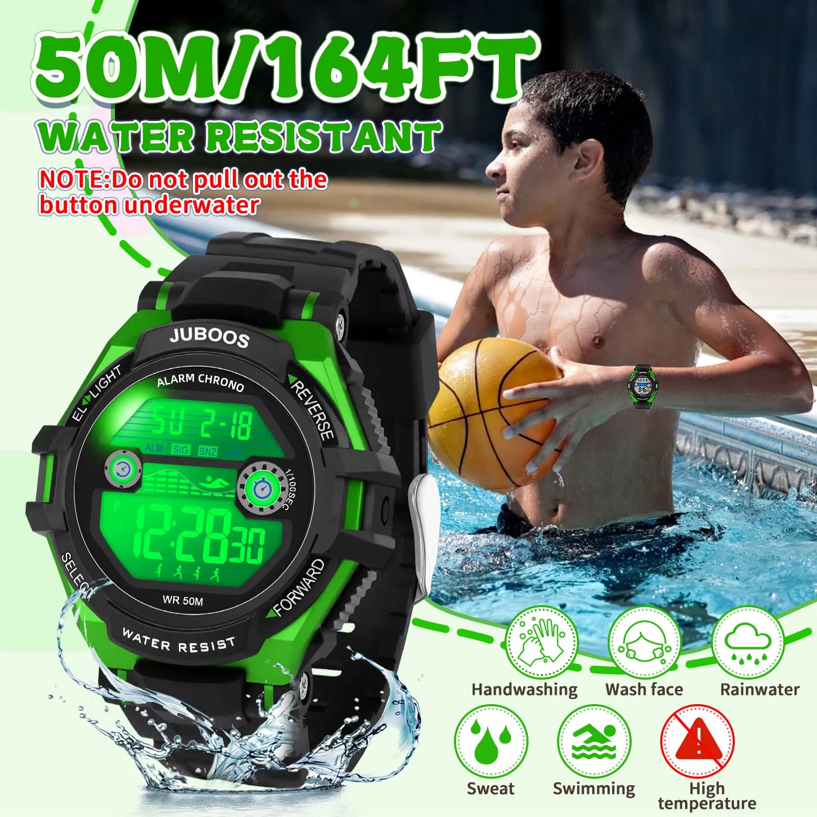 Juboos Orologio Digitale Impermeabile per Bambini con Orecchie da Gatto e 7 Luci Colorate, Nero Verde - immagine 2