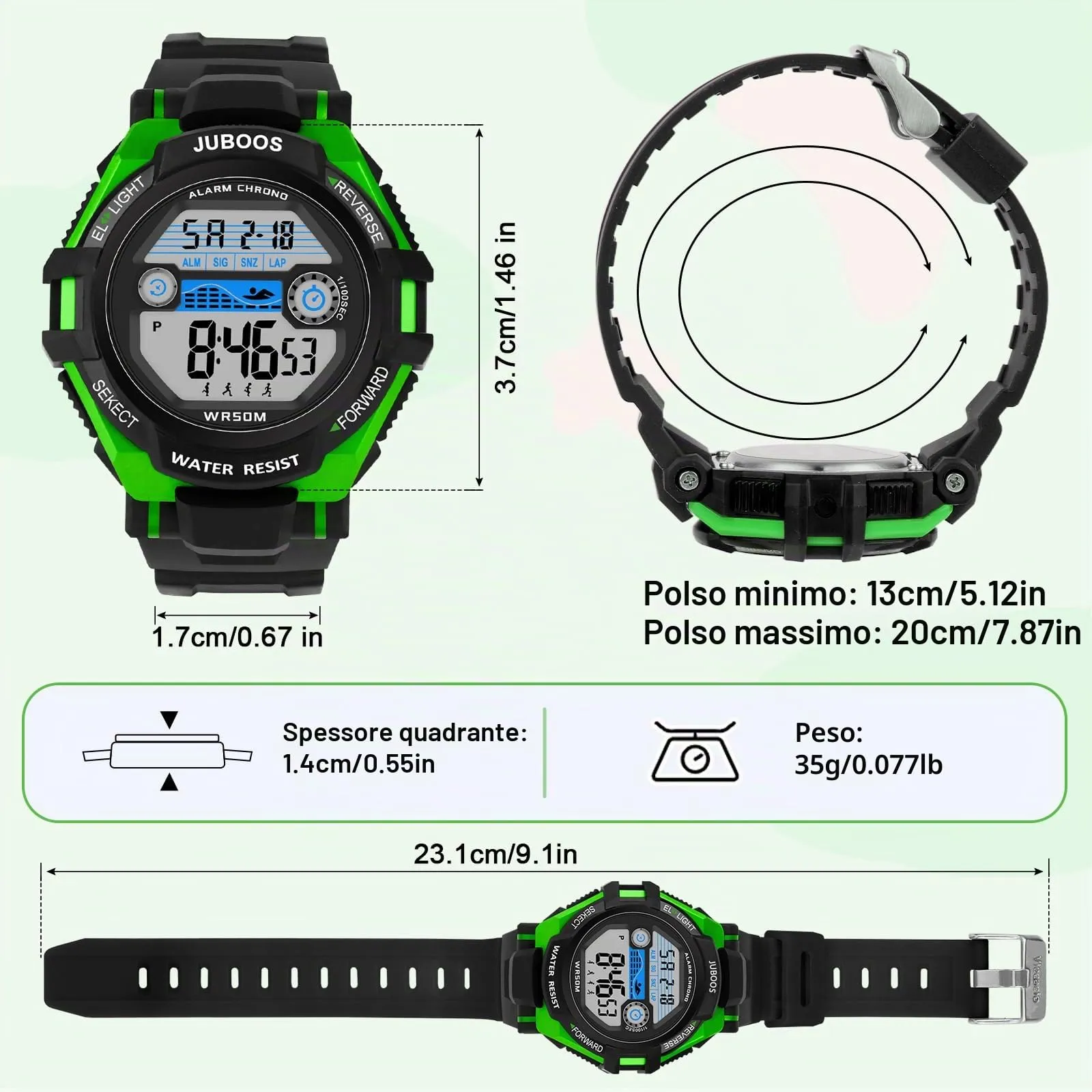 Juboos Orologio Digitale Impermeabile per Bambini con Orecchie da Gatto e 7 Luci Colorate, Nero Verde - immagine 3