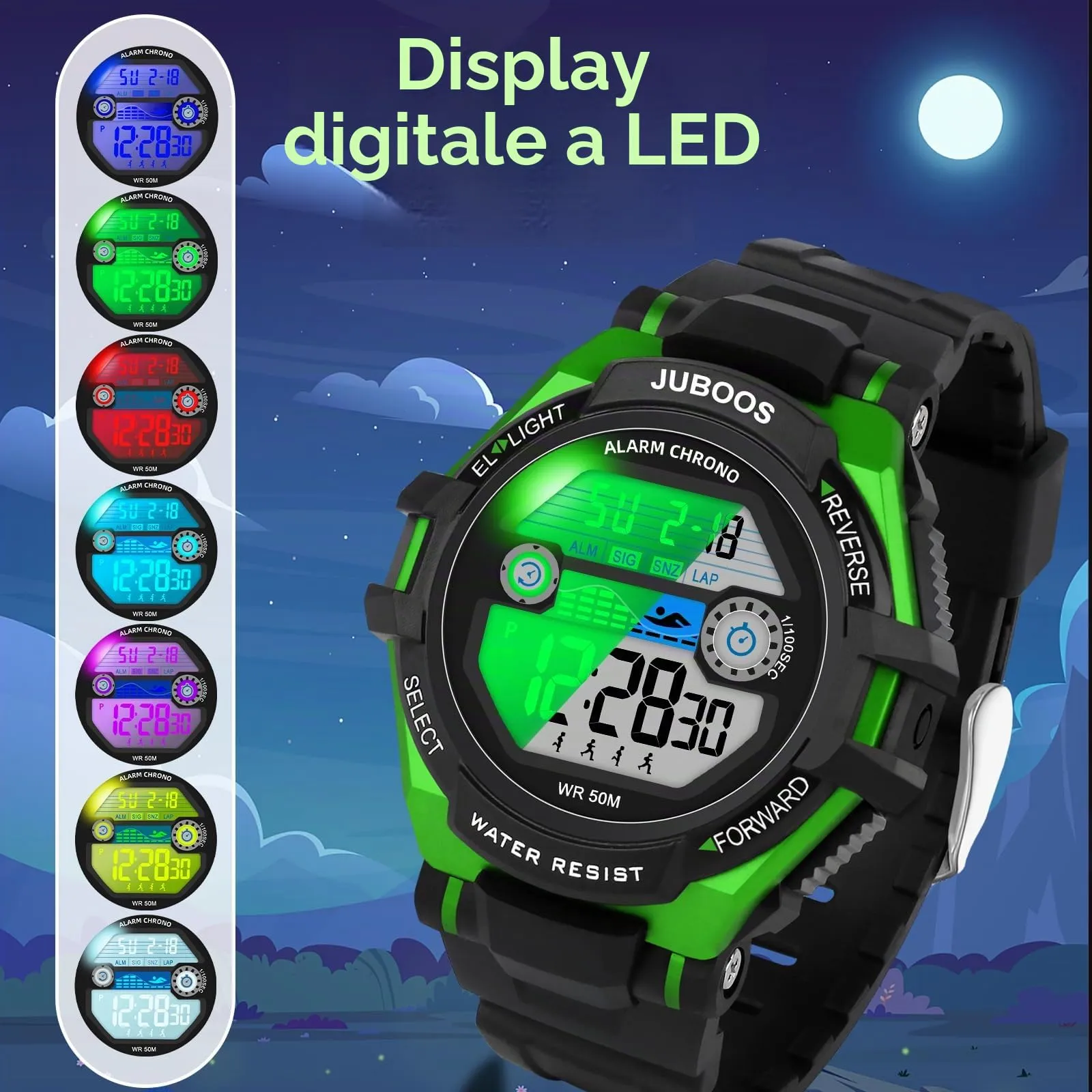 Juboos Orologio Digitale Impermeabile per Bambini con Orecchie da Gatto e 7 Luci Colorate, Nero Verde - immagine 4