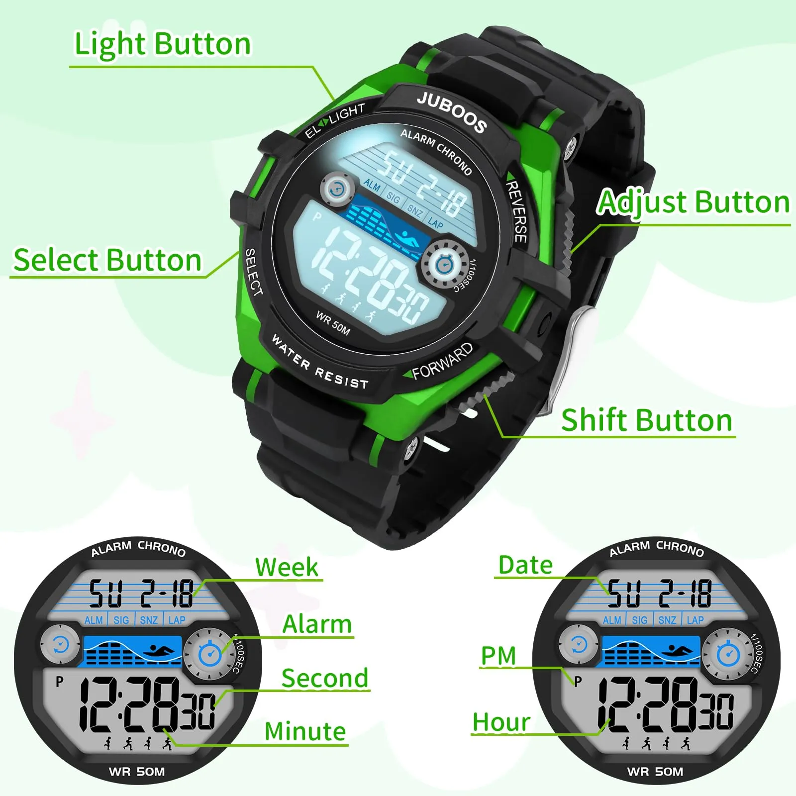 Juboos Orologio Digitale Impermeabile per Bambini con Orecchie da Gatto e 7 Luci Colorate, Nero Verde - immagine 5