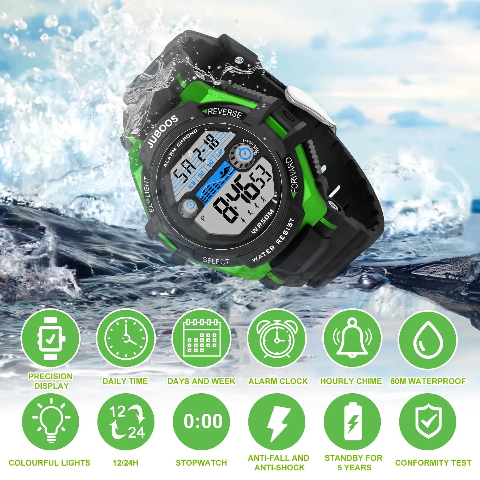 Juboos Orologio Digitale Impermeabile per Bambini con Orecchie da Gatto e 7 Luci Colorate, Nero Verde - immagine 6