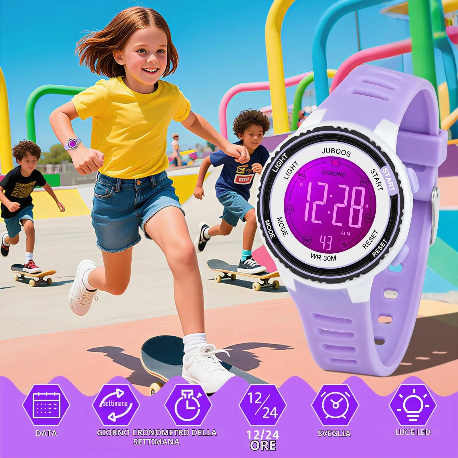 Juboos Orologio Digitale Impermeabile per Bambini con Orecchie da Gatto, Cinturino Stampato e 7 Luci Colorate, 4-12 Anni - immagine 2