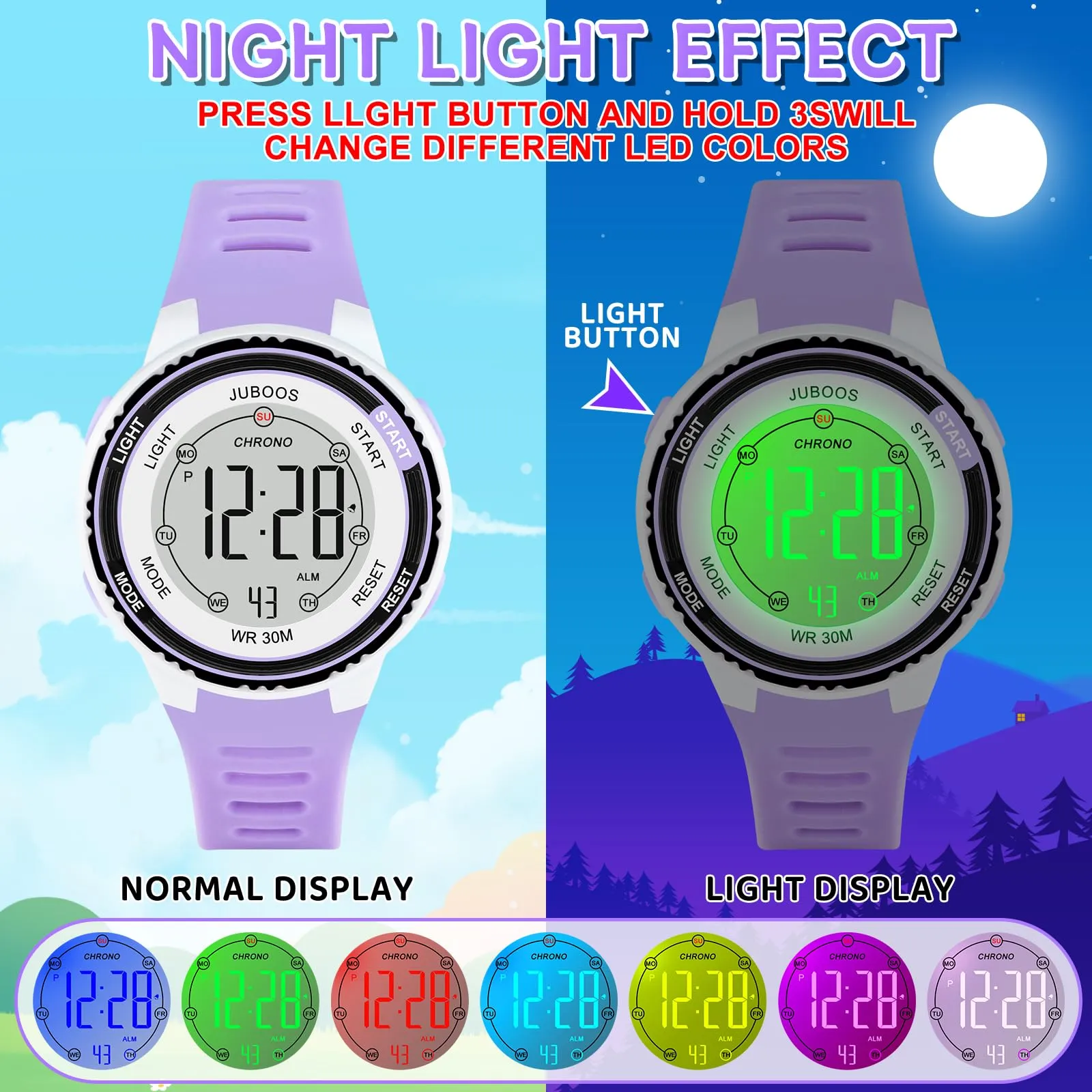Juboos Orologio Digitale Impermeabile per Bambini con Orecchie da Gatto, Cinturino Stampato e 7 Luci Colorate, 4-12 Anni - immagine 3