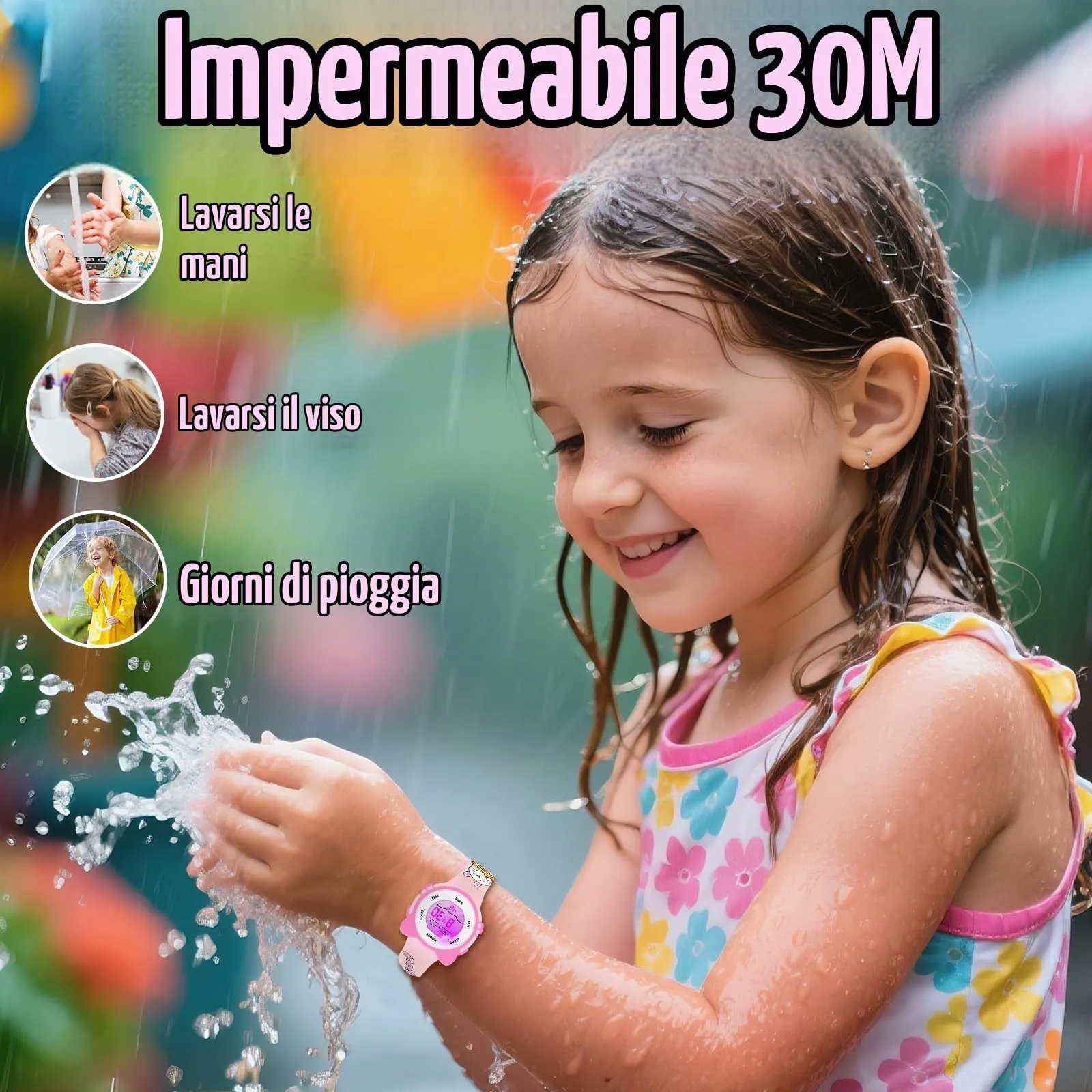 Juboos Orologio Digitale Impermeabile per Bambini con Orecchie da Gatto e Luci Colorate, Polvere di carne - immagine 2