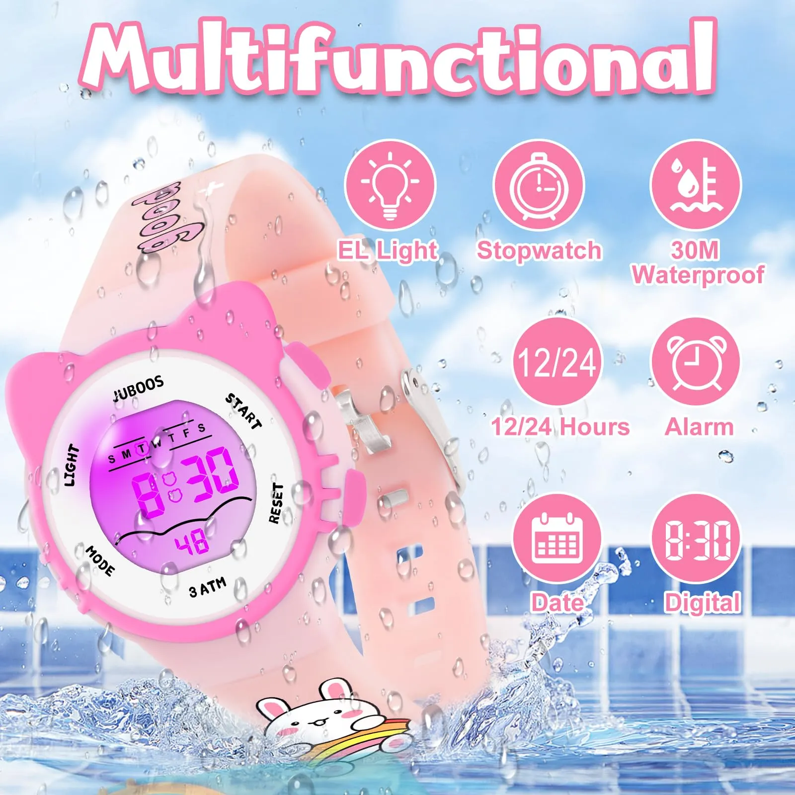 Juboos Orologio Digitale Impermeabile per Bambini con Orecchie da Gatto e Luci Colorate, Polvere di carne - immagine 3