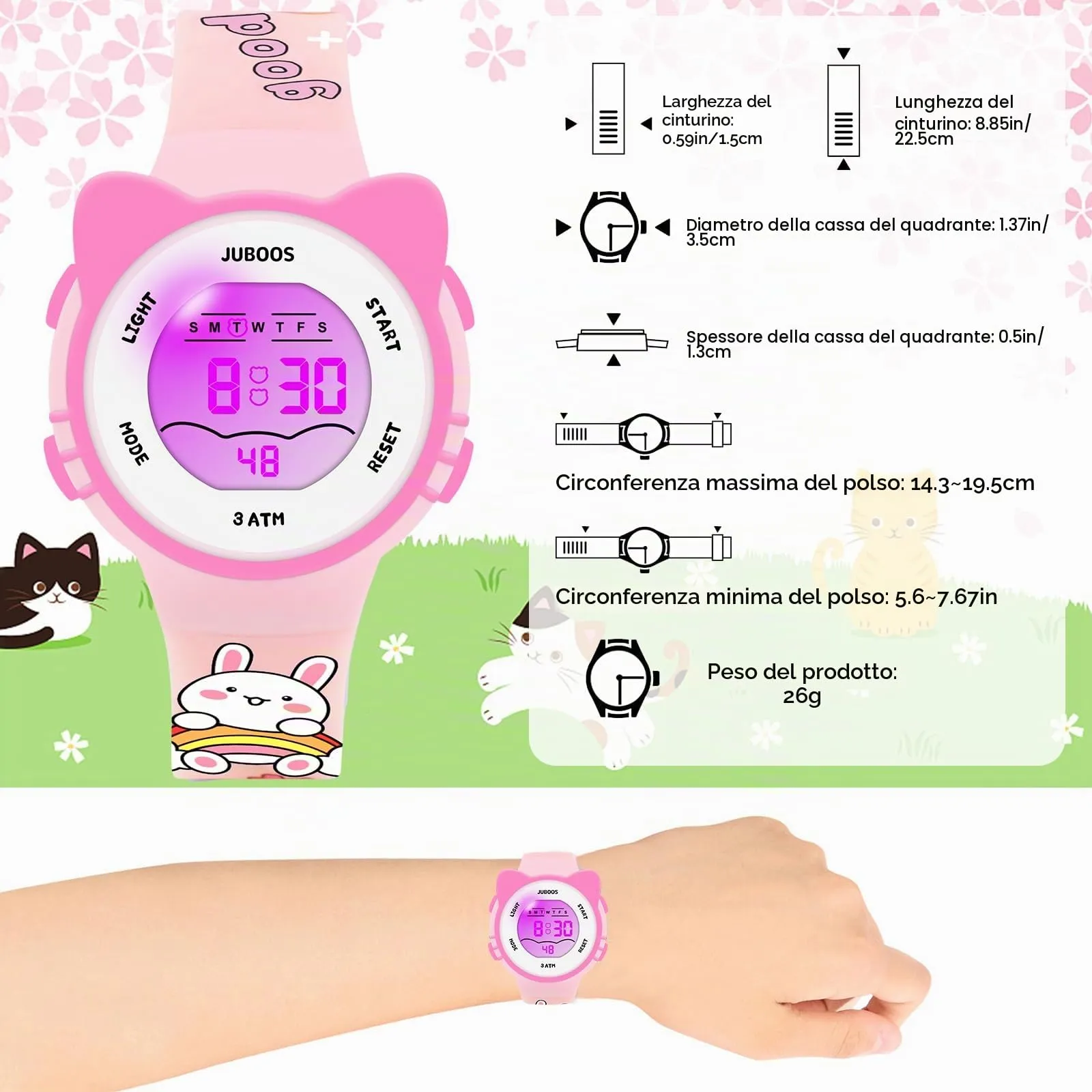 Juboos Orologio Digitale Impermeabile per Bambini con Orecchie da Gatto e Luci Colorate, Polvere di carne - immagine 4