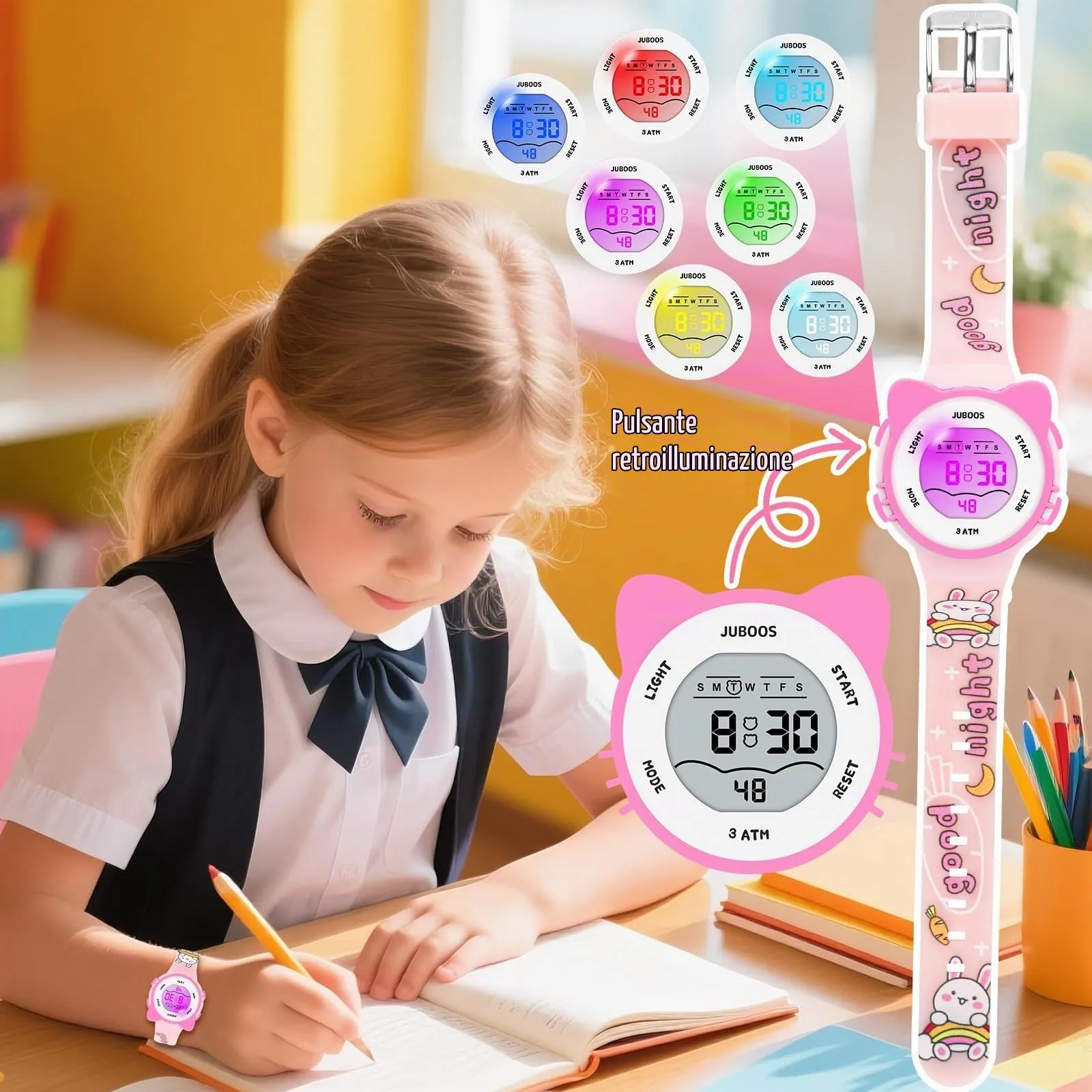 Juboos Orologio Digitale Impermeabile per Bambini con Orecchie da Gatto e Luci Colorate, Polvere di carne - immagine 5