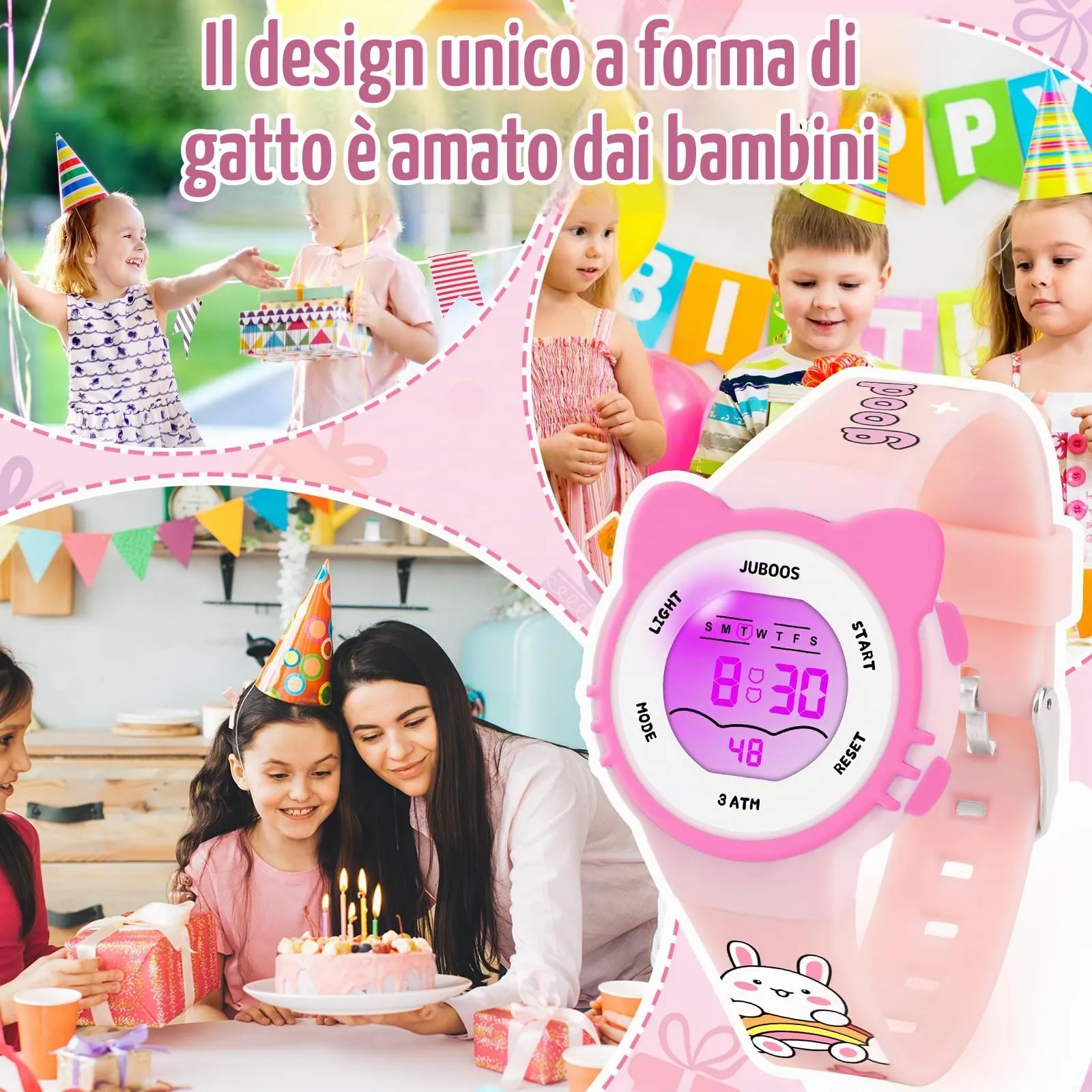 Juboos Orologio Digitale Impermeabile per Bambini con Orecchie da Gatto e Luci Colorate, Polvere di carne - immagine 6