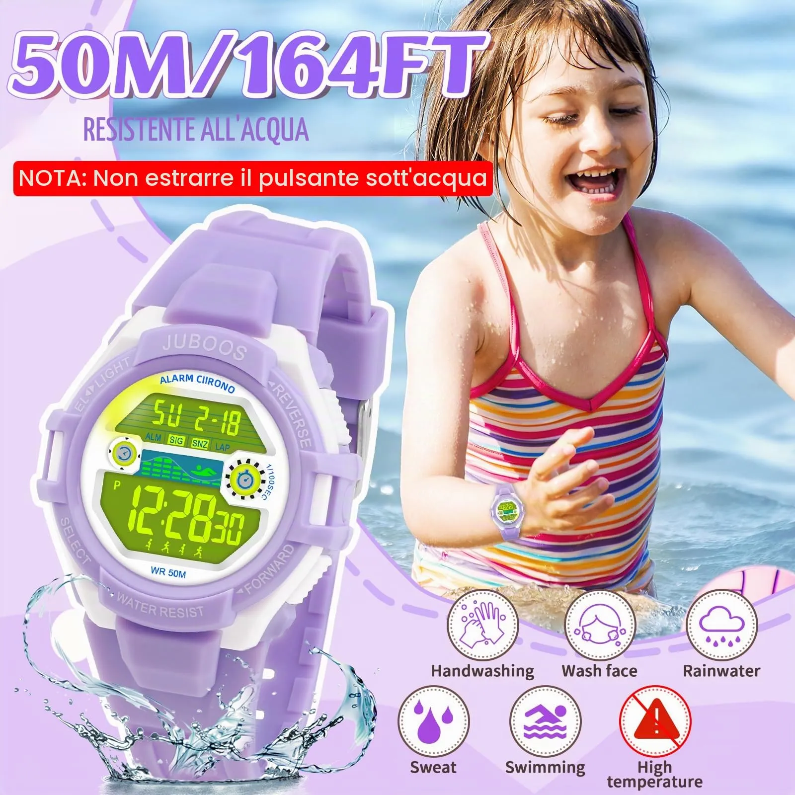 Juboos Orologio Digitale Impermeabile per Bambini, Design Orecchie da Gatto con Cinturino Stampato e 7 Luci Colorate, 4-12 Anni - immagine 2