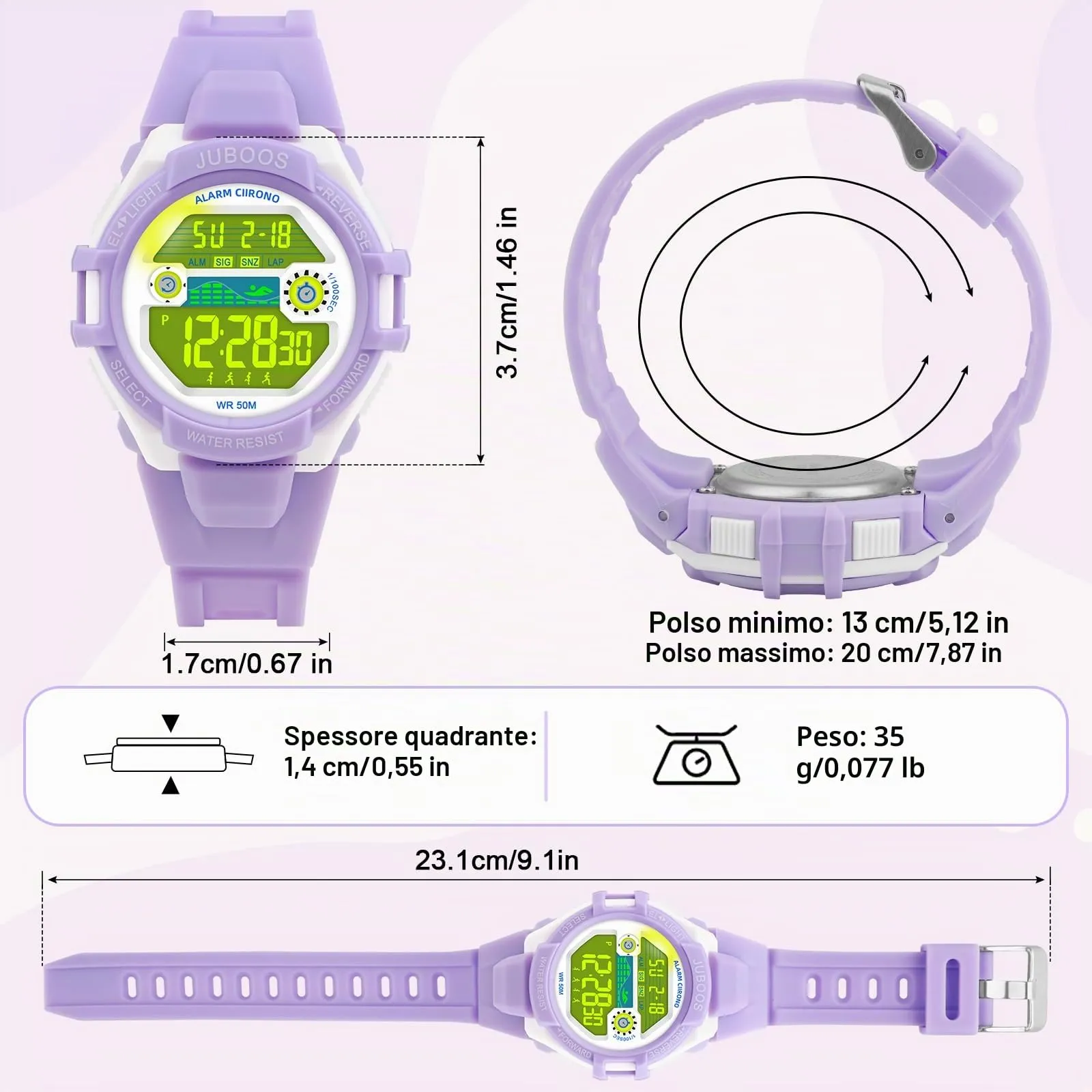 Juboos Orologio Digitale Impermeabile per Bambini, Design Orecchie da Gatto con Cinturino Stampato e 7 Luci Colorate, 4-12 Anni - immagine 3