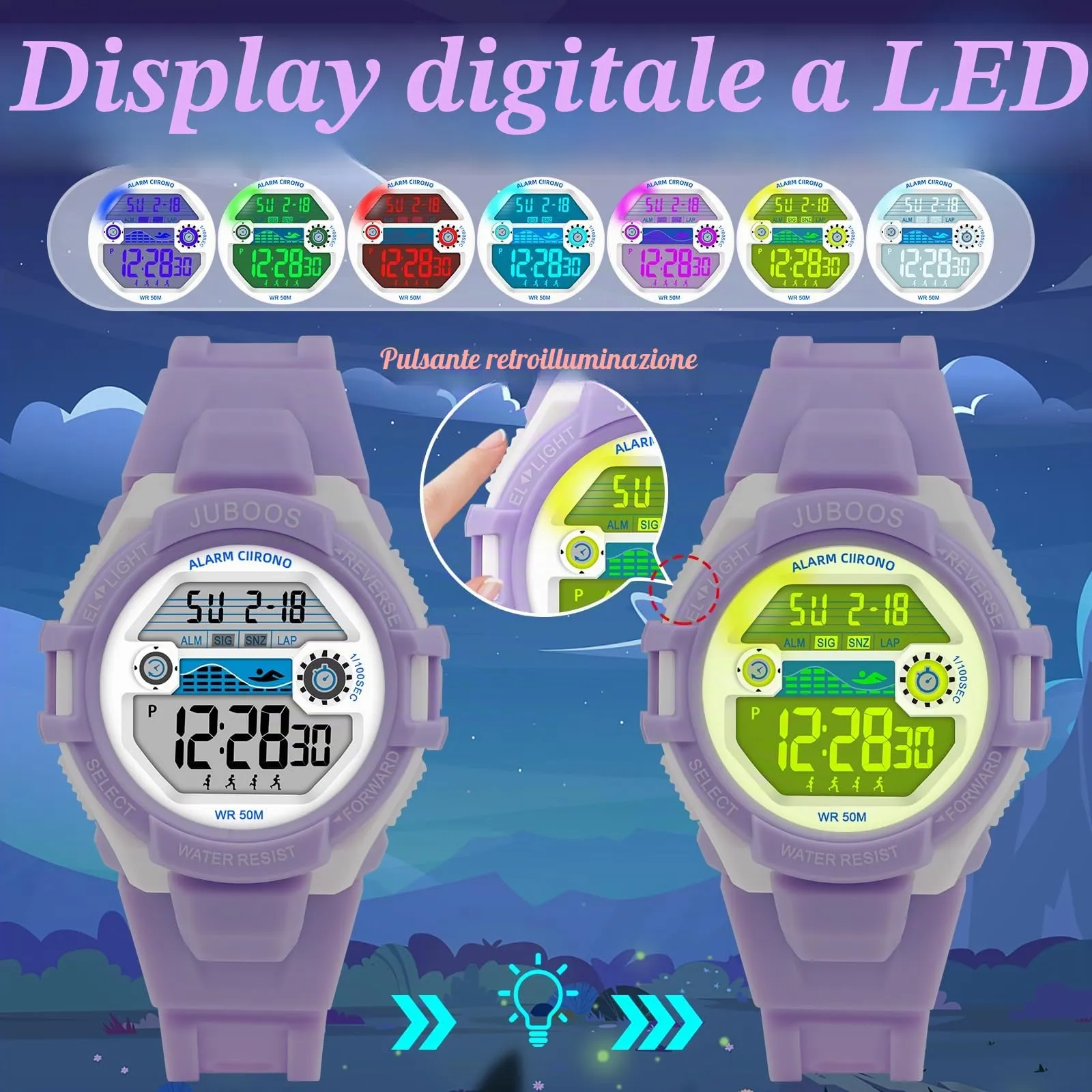 Juboos Orologio Digitale Impermeabile per Bambini, Design Orecchie da Gatto con Cinturino Stampato e 7 Luci Colorate, 4-12 Anni - immagine 4