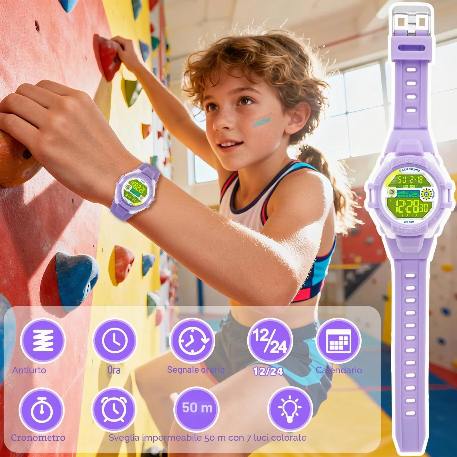Juboos Orologio Digitale Impermeabile per Bambini, Design Orecchie da Gatto con Cinturino Stampato e 7 Luci Colorate, 4-12 Anni - immagine 5
